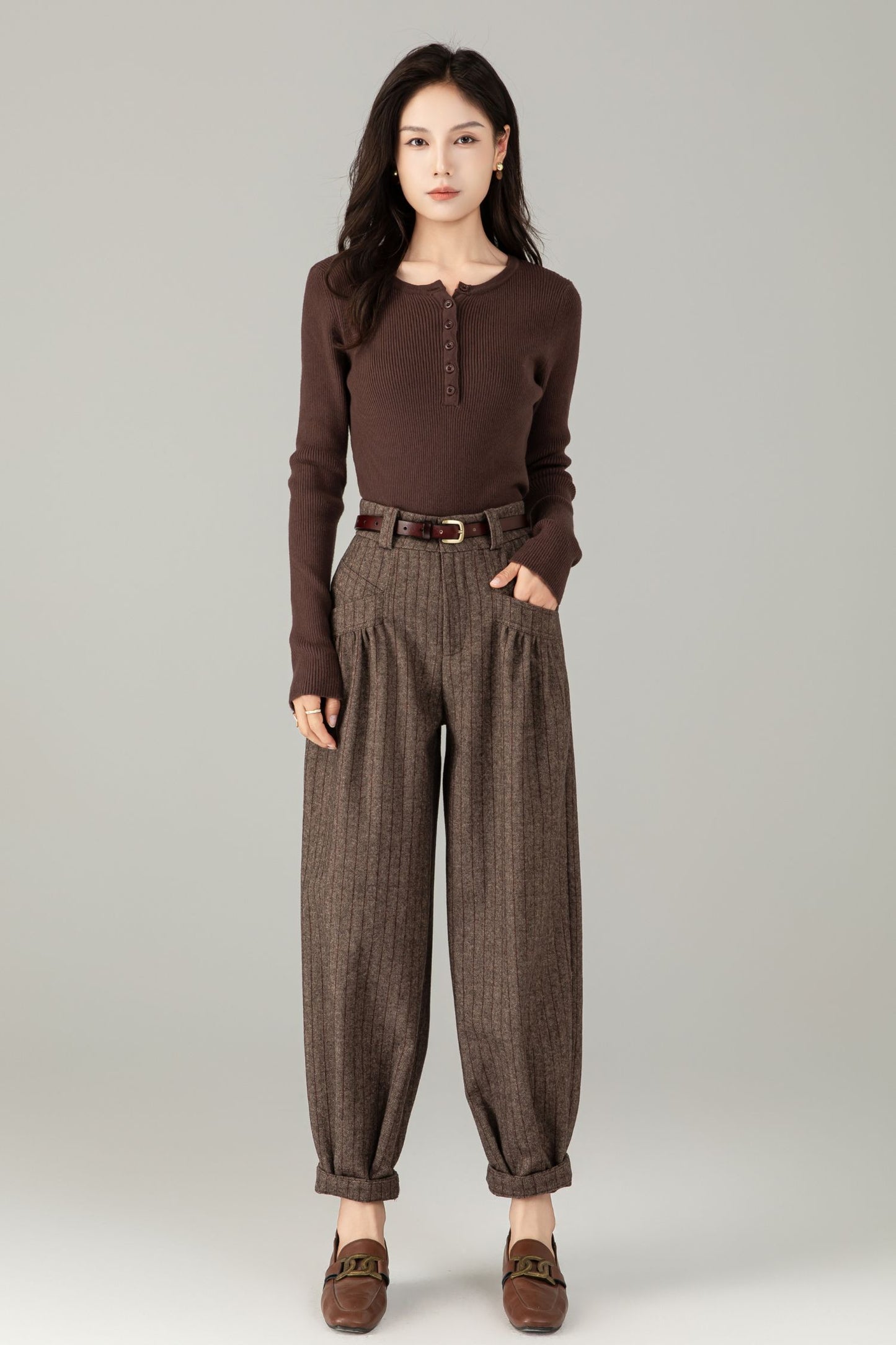Brown Wool Striped Trousers - Classic Fit & Comfort | Winter Smart Casual Pants C5244