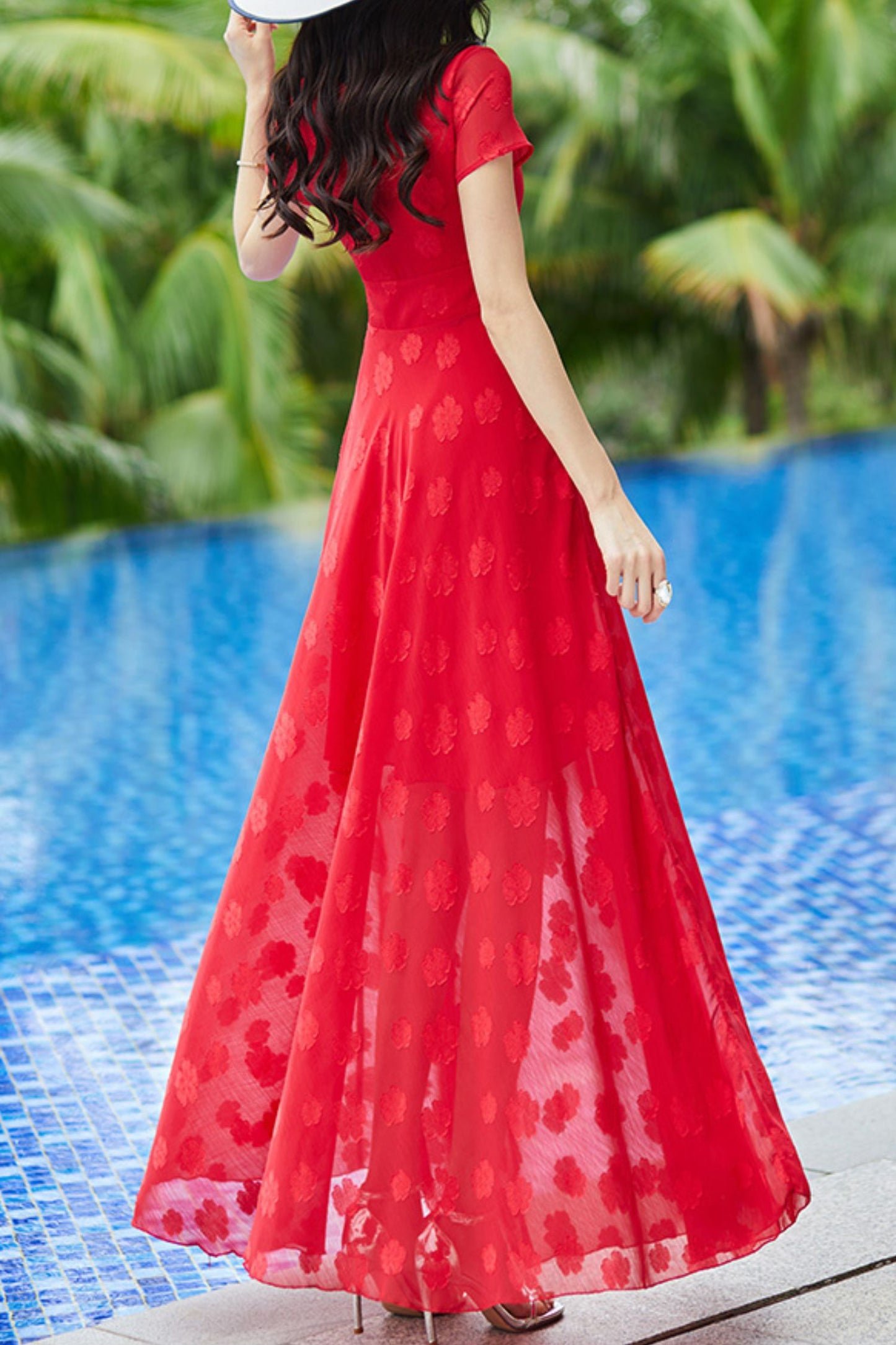 Red chiffon dress long C4065
