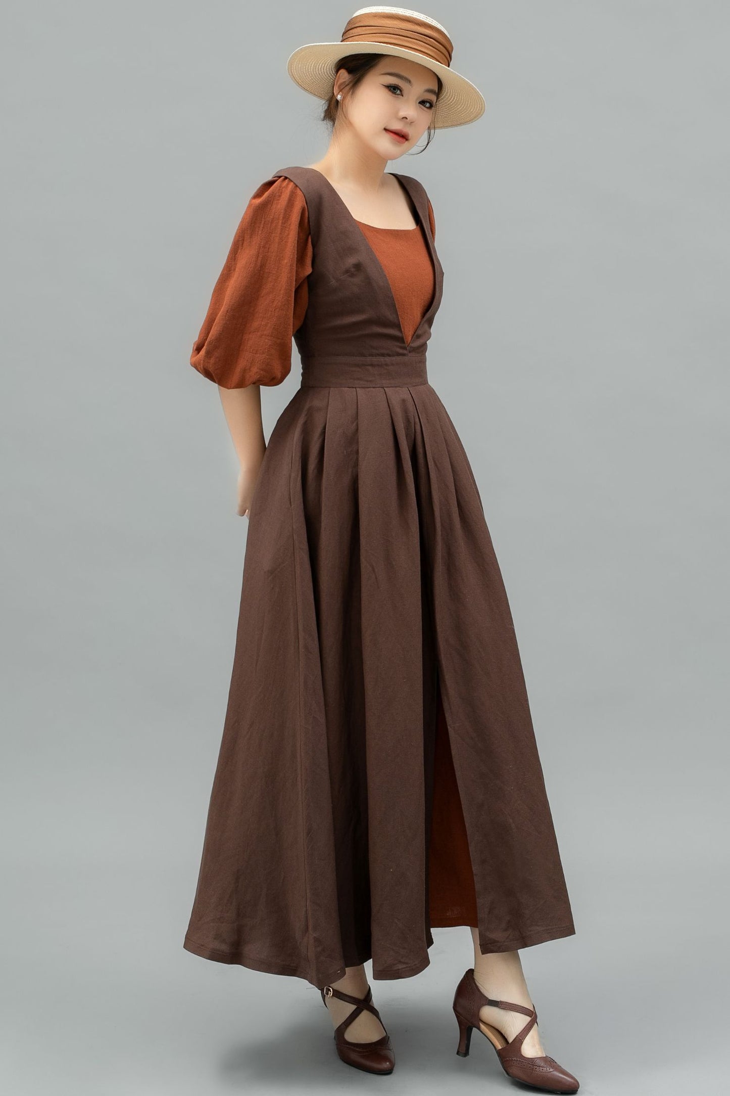 Long Linen pinafore dress C4749