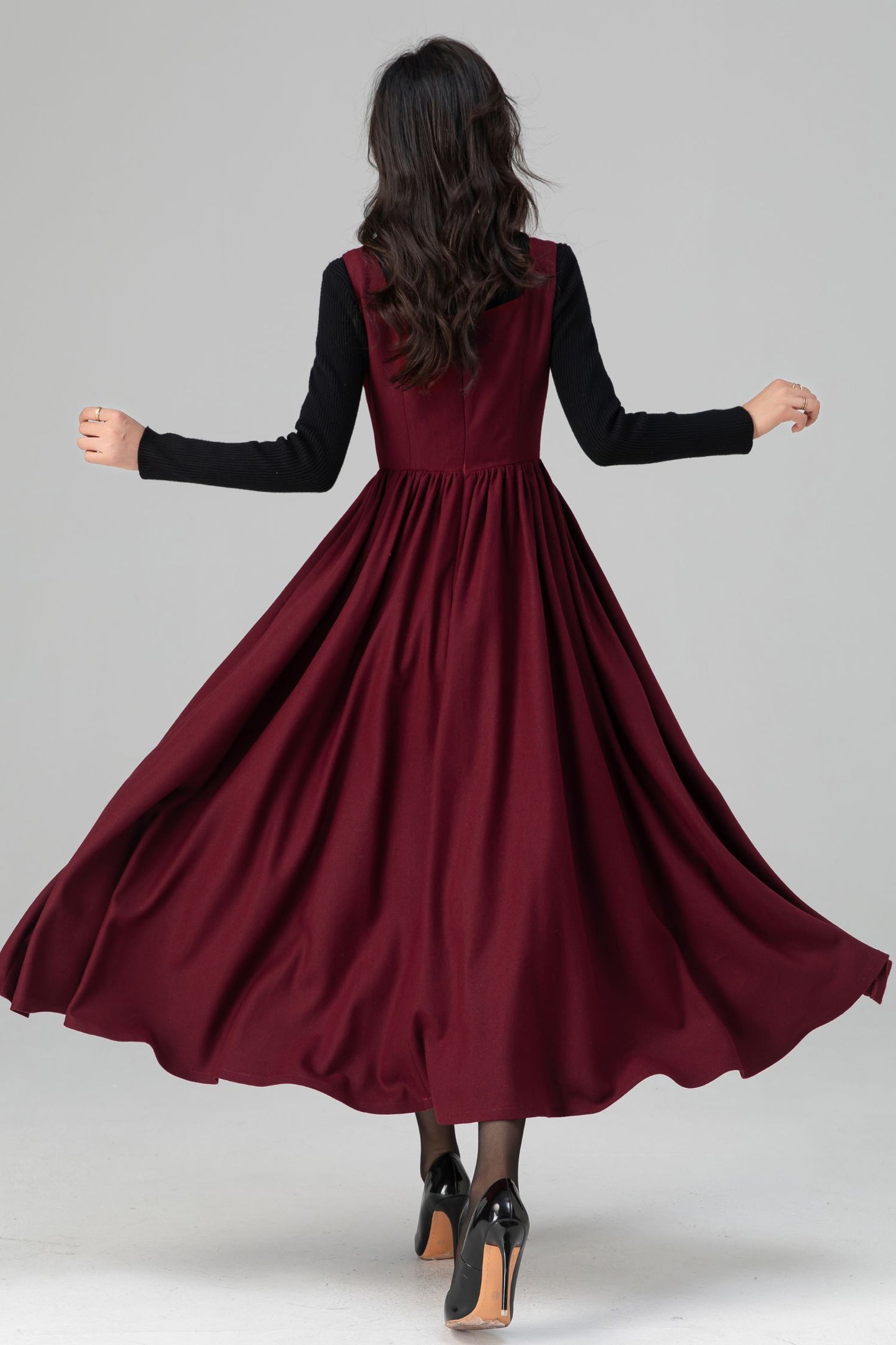 Square Neck Maxi Pinafore Wool Dress for Women C5201