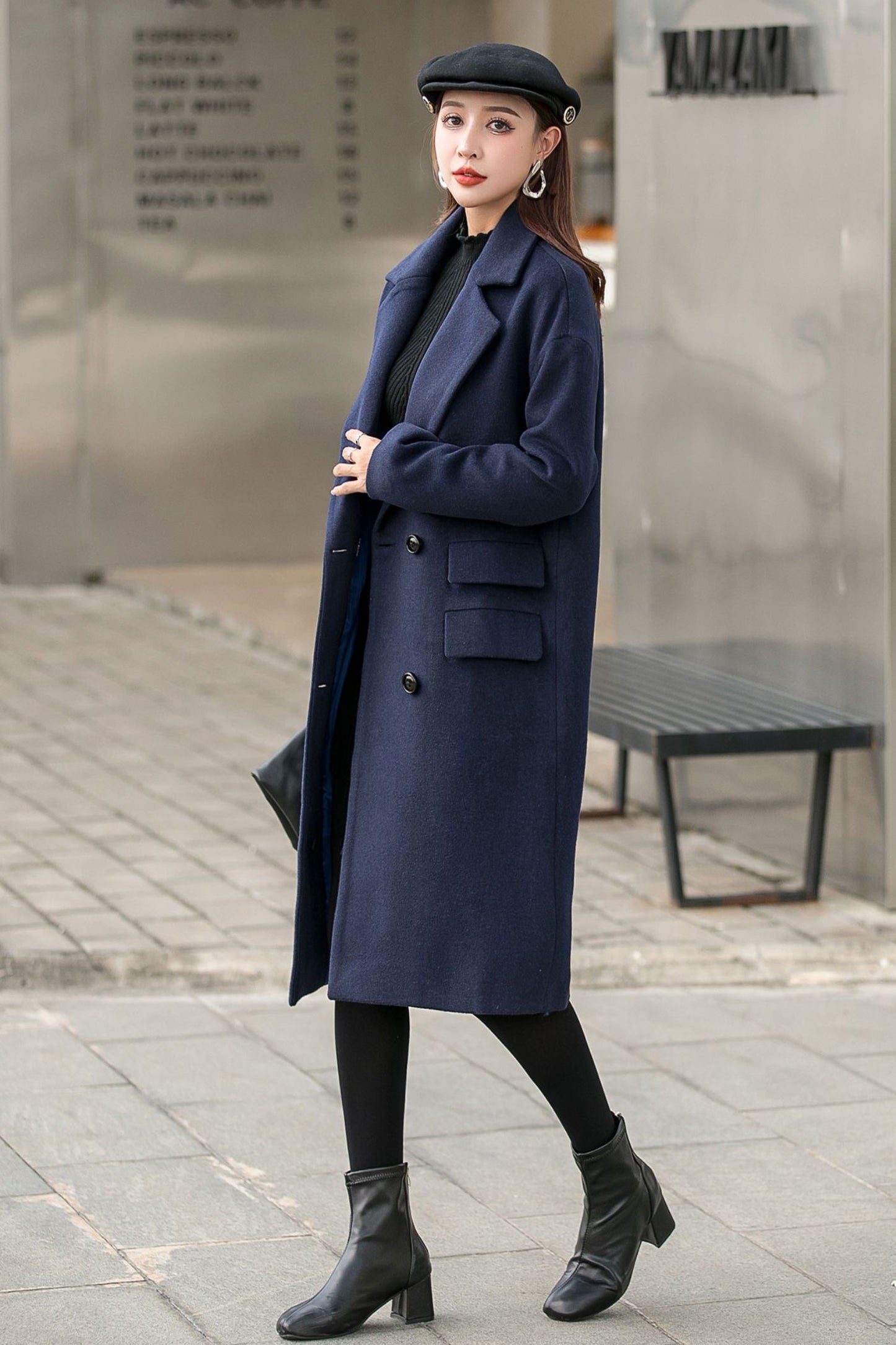 Navy Blue Long Winter Wool Coat C2544