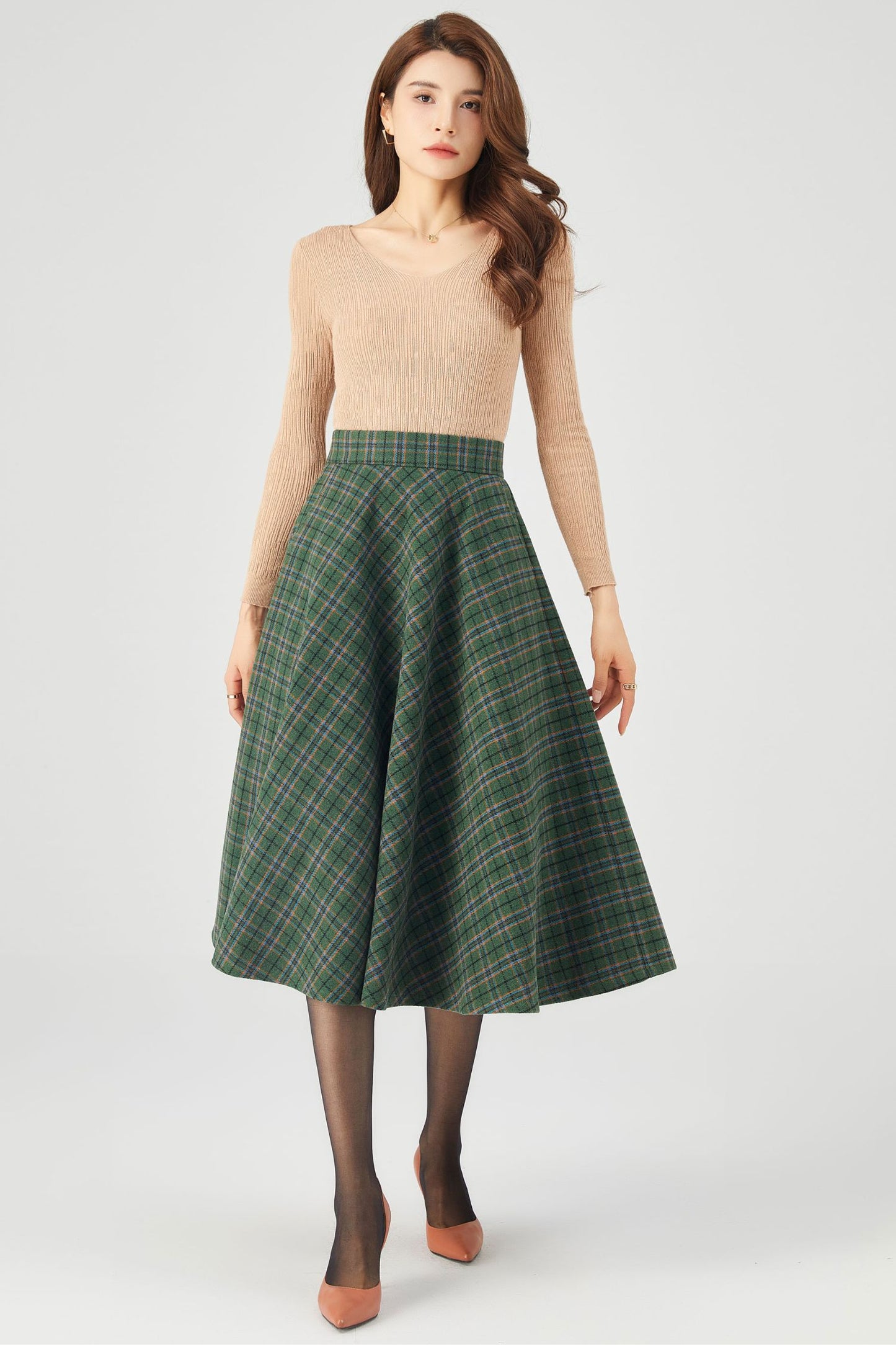 Winter Plaid Midi Wool Skirt C3686