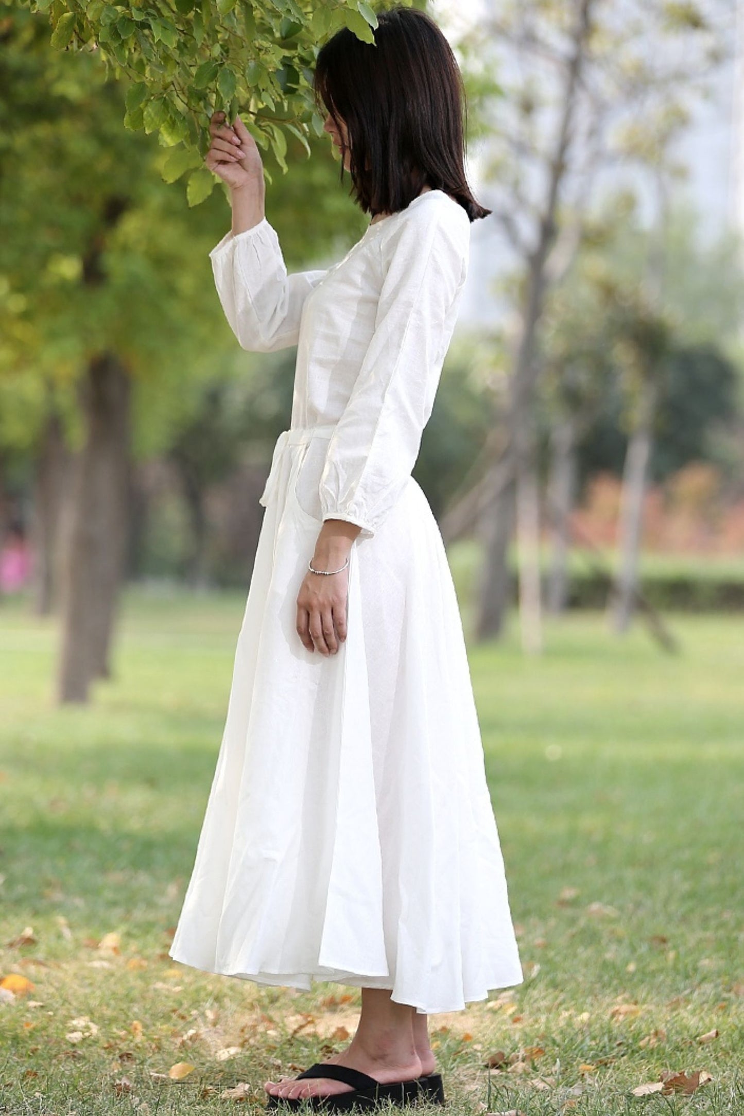 Drawstring Waist Long Sleeve White Dress C281