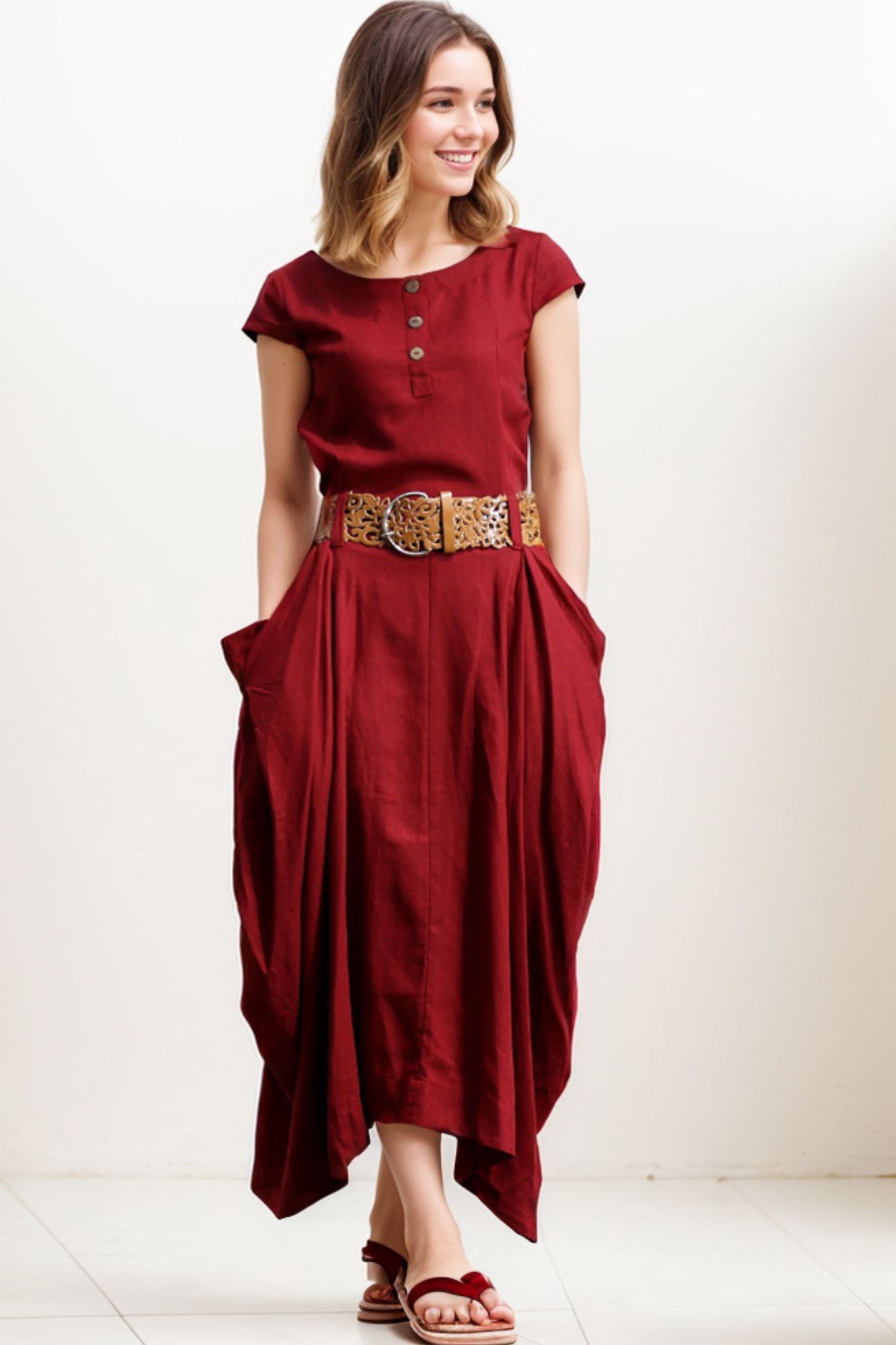 Linen Summer red womens asymmetrica dress C255