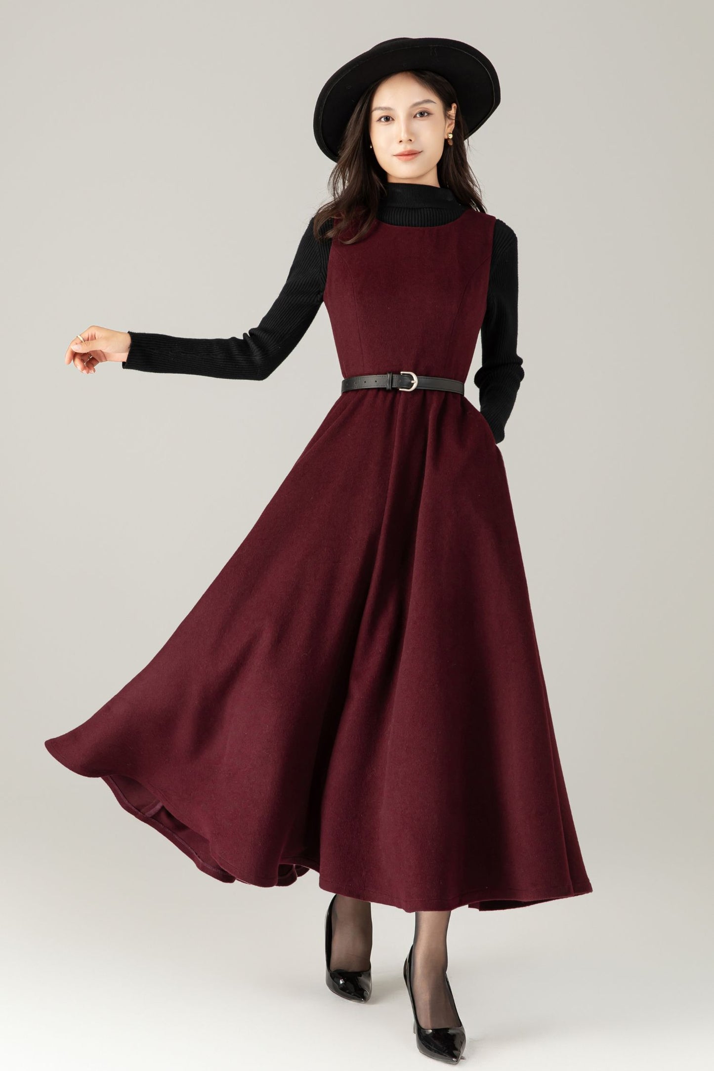 Burgundy Wool maxi Dress: Sleeveless A-Line Swing Jumper, Ylistyle C5239