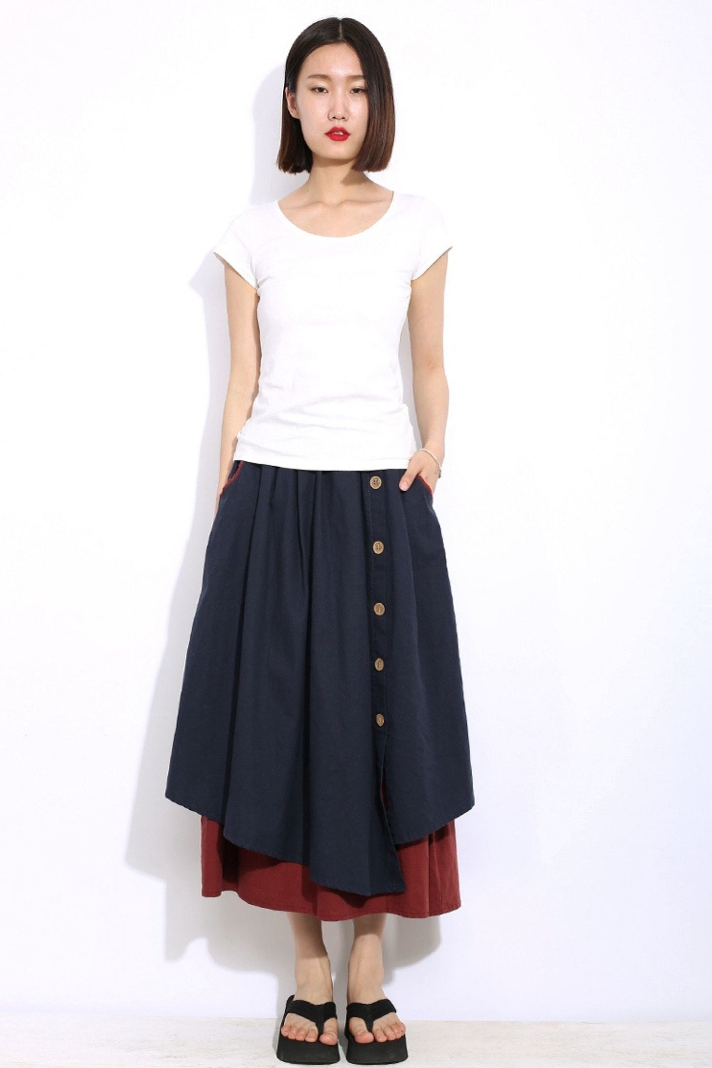 Blue linen midi asymmetrical skirt C335