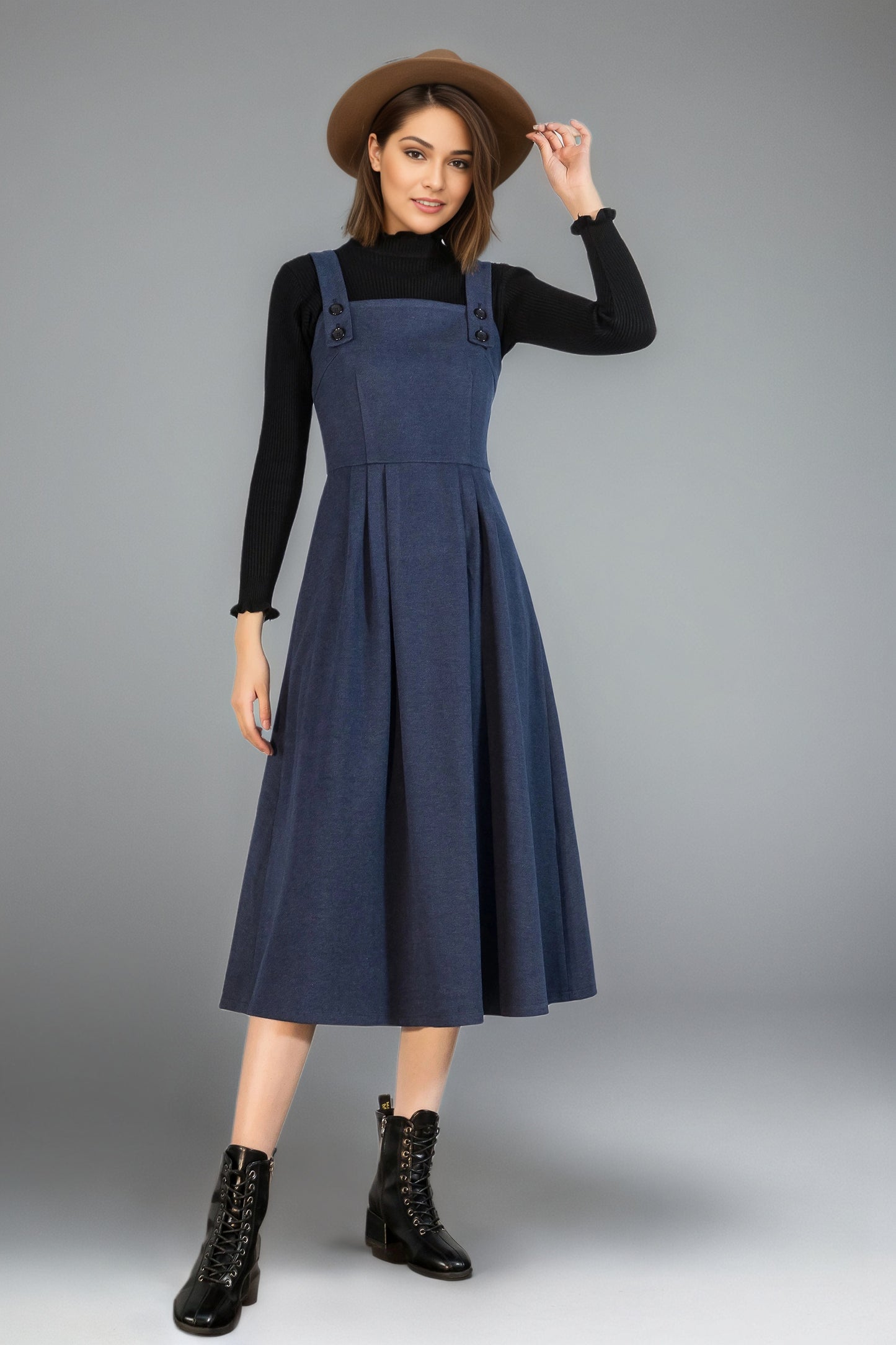 Blue Sleeveles Midi Wool Pinafore dress C5131