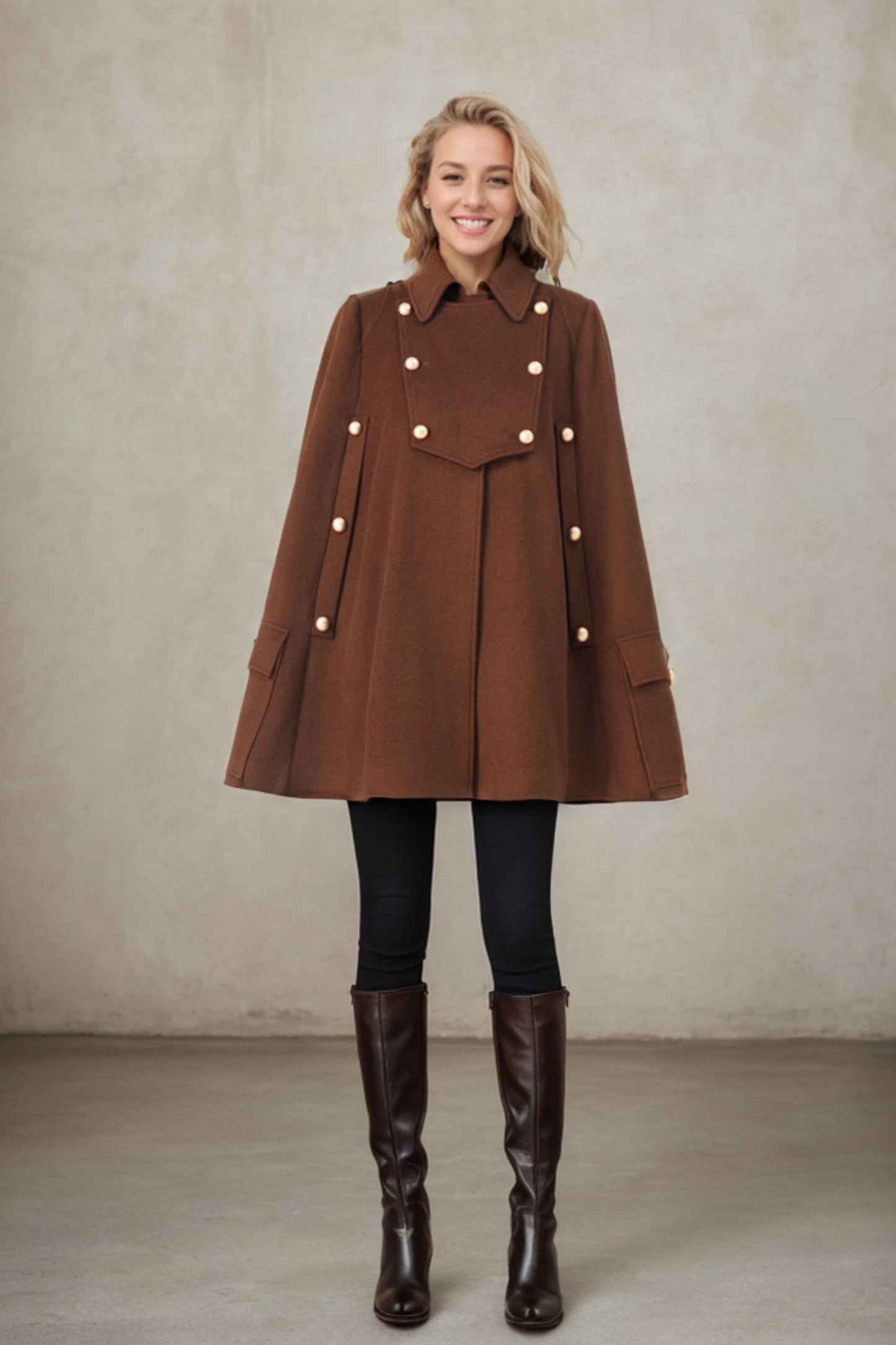 Brown winter wool cape coat women C3685