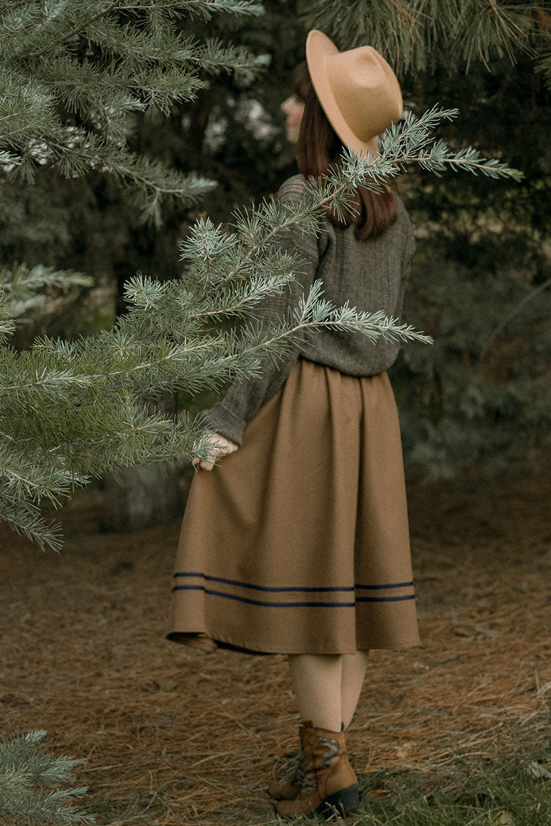 Button Brown wool Skirt for Women C3823