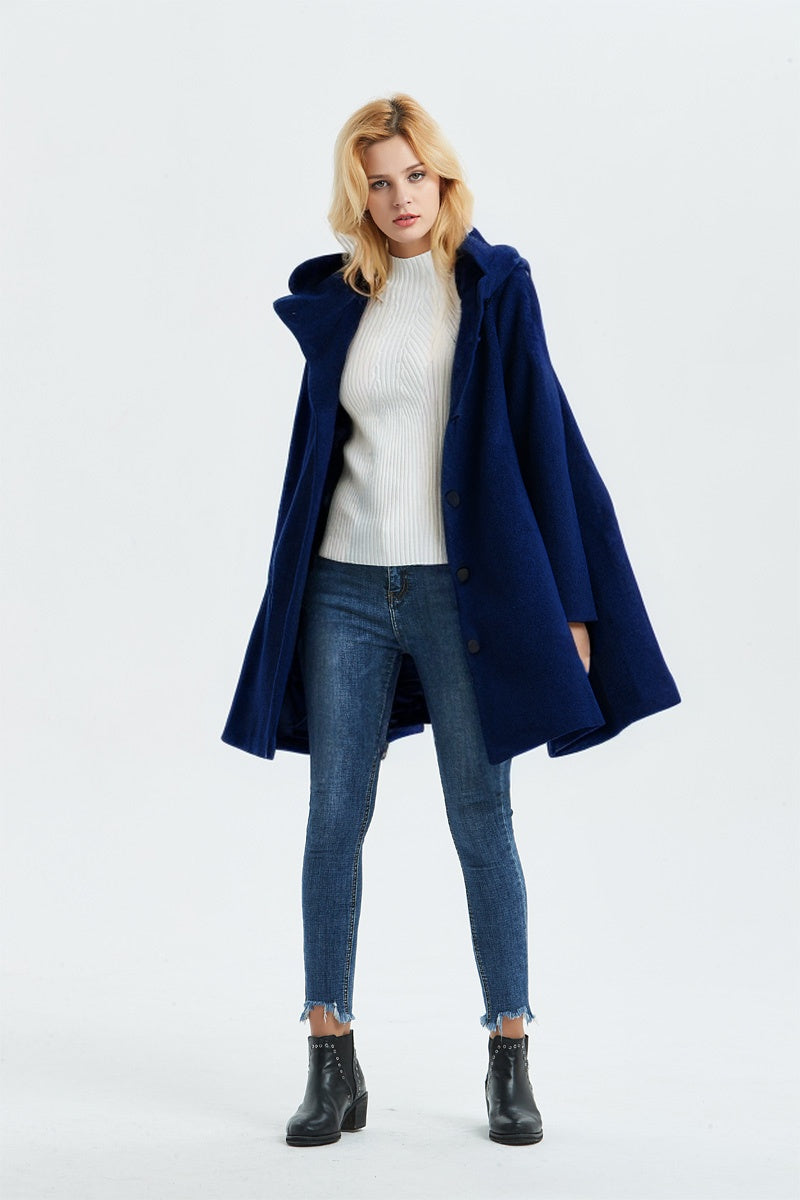 Loose fitting hooded wool coat C1317
