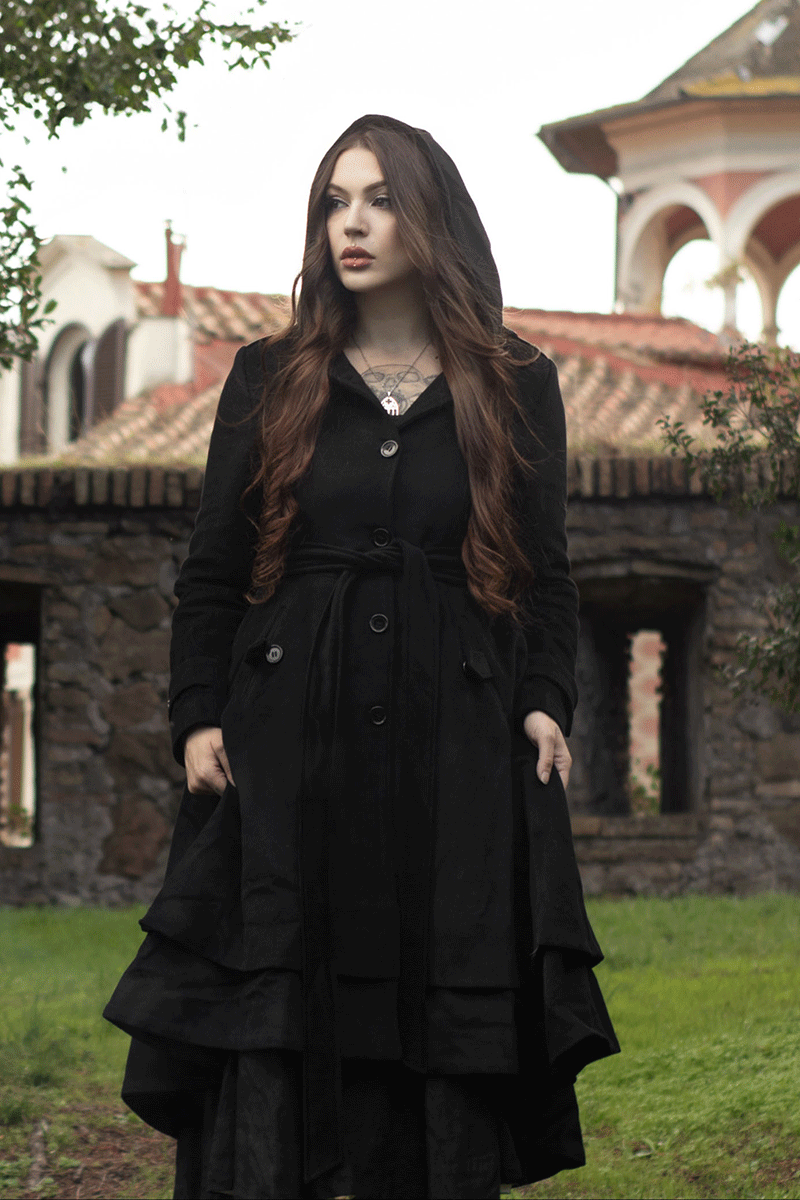 Hooded Wool Coat Women, Black Wool Coat C3778