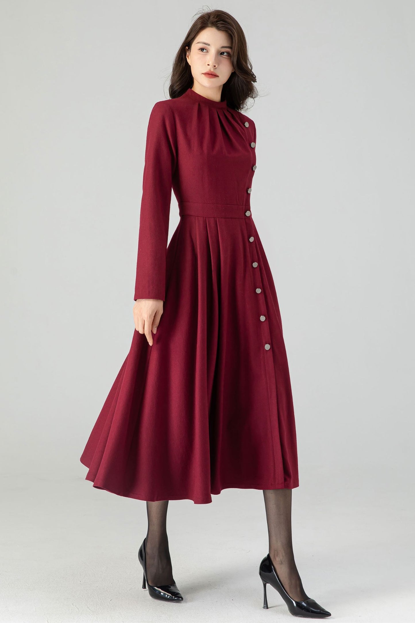Autumn Midi Wool Burgundy Dress C3609-Size XS US2 #CK2301031