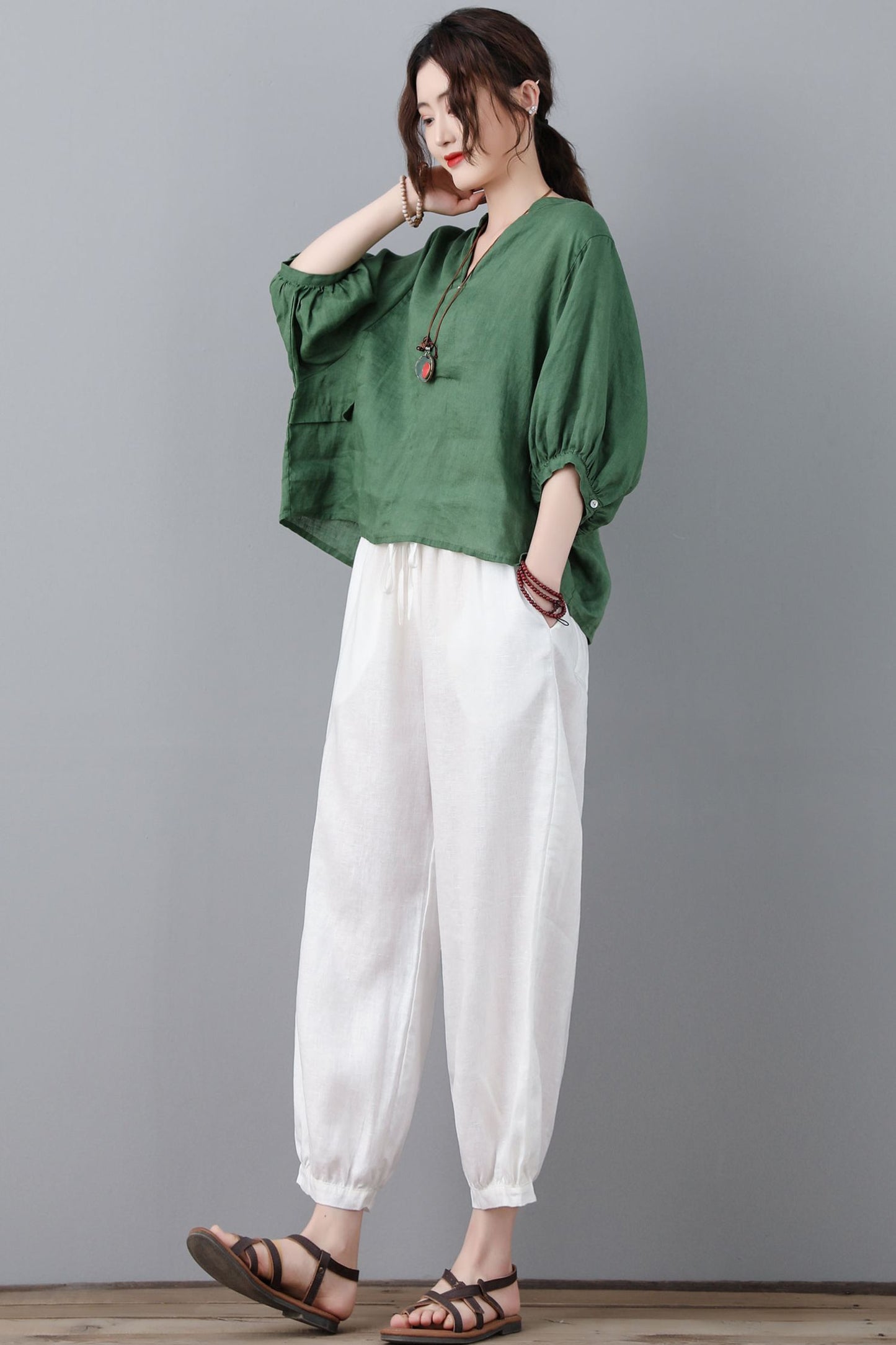 White Casual Cropped Elastic Waist Drawstring Linen Pants C2361