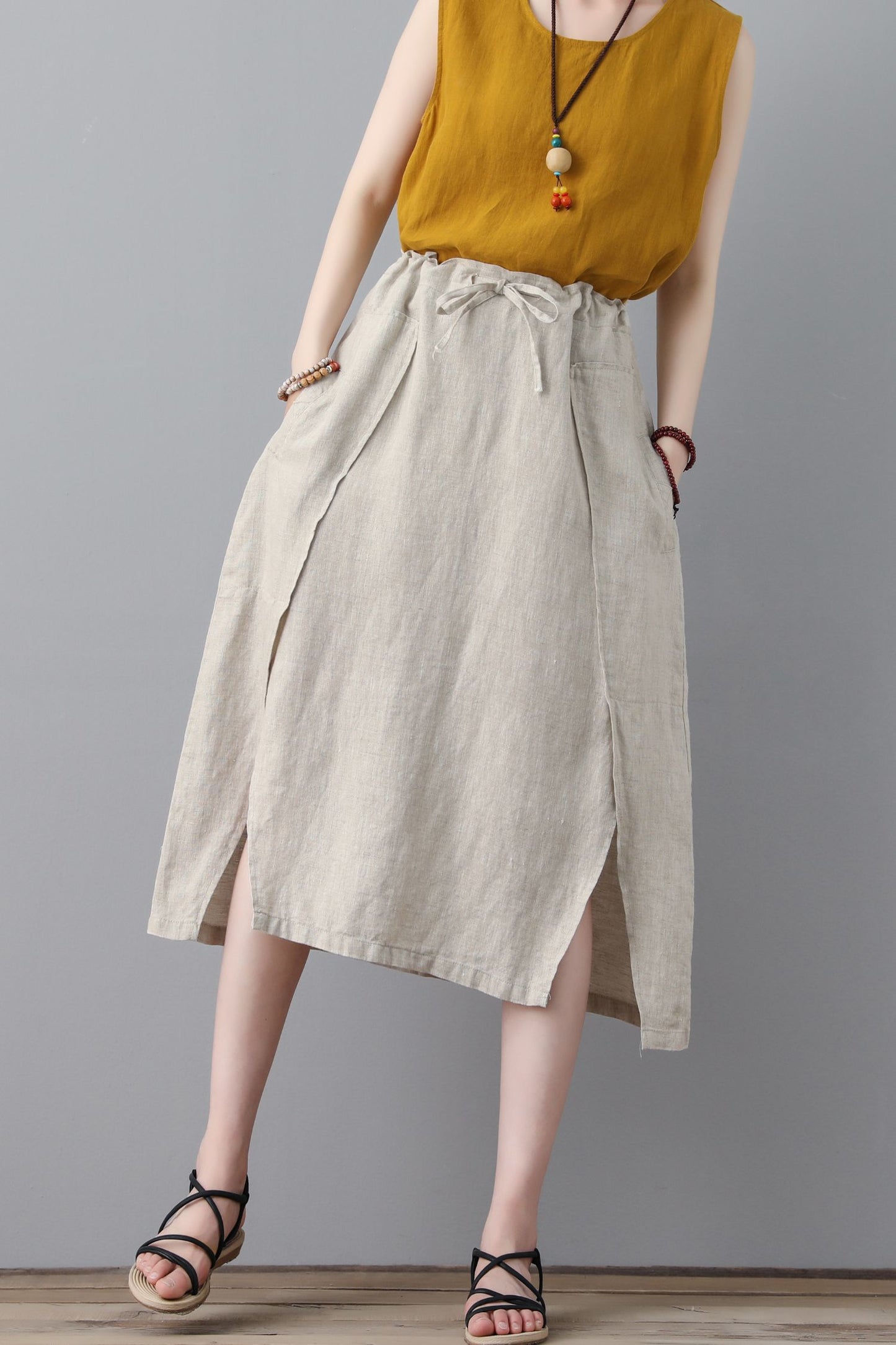 linen midi women summer natural A line skirt C2306