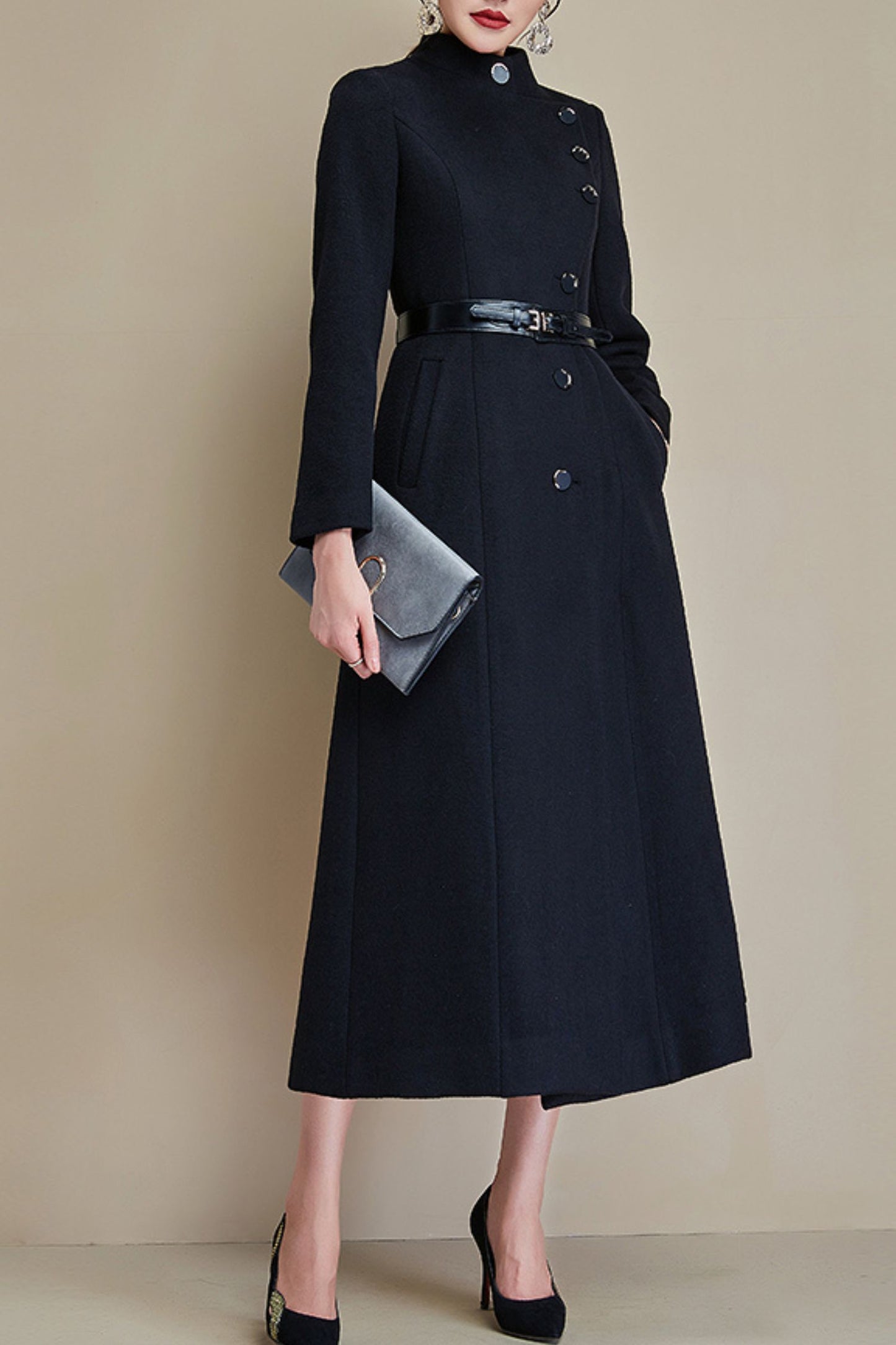 Women's Autumn and winter black wool coat C4285