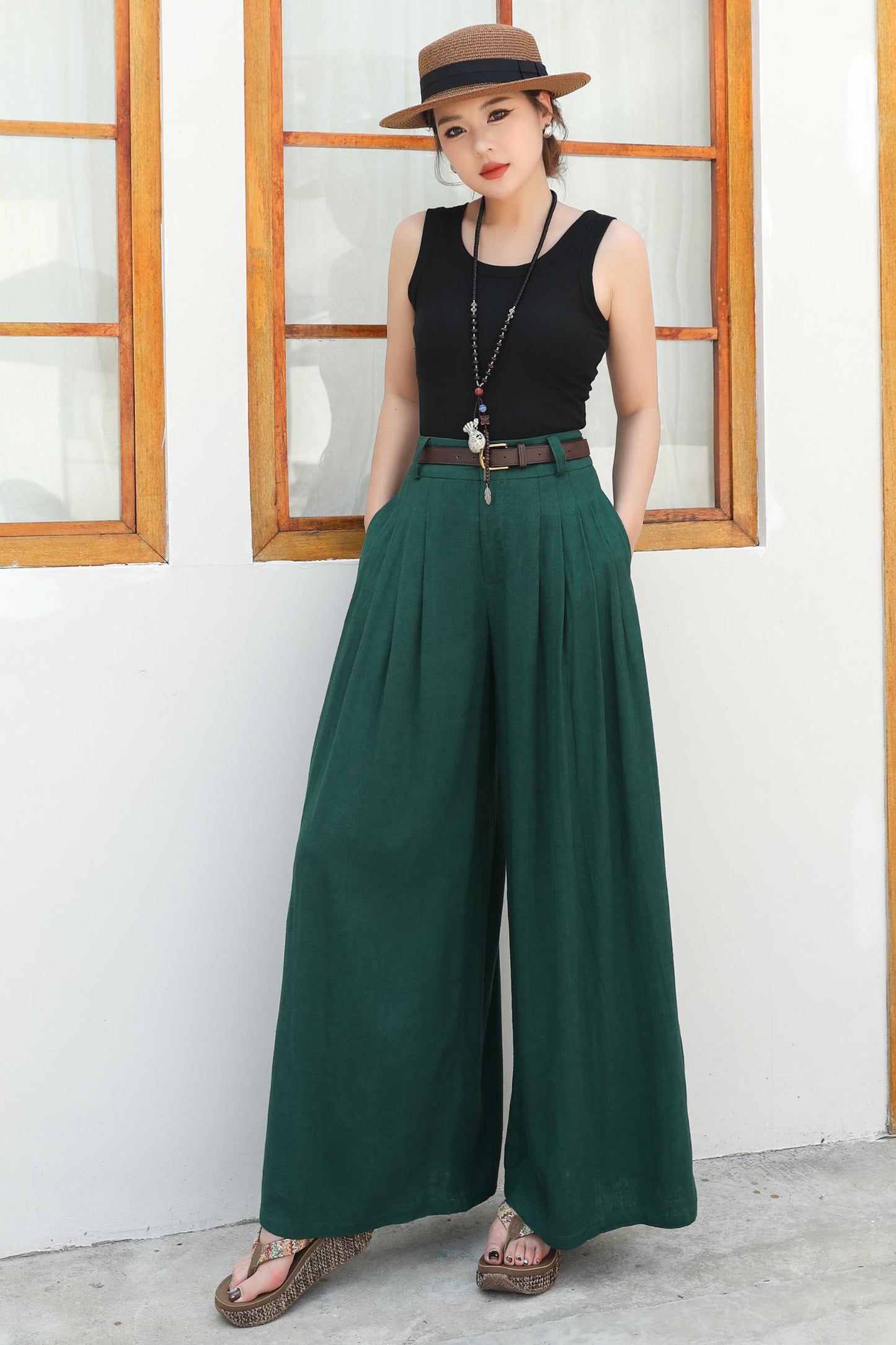 Wide leg green linen pants c4836