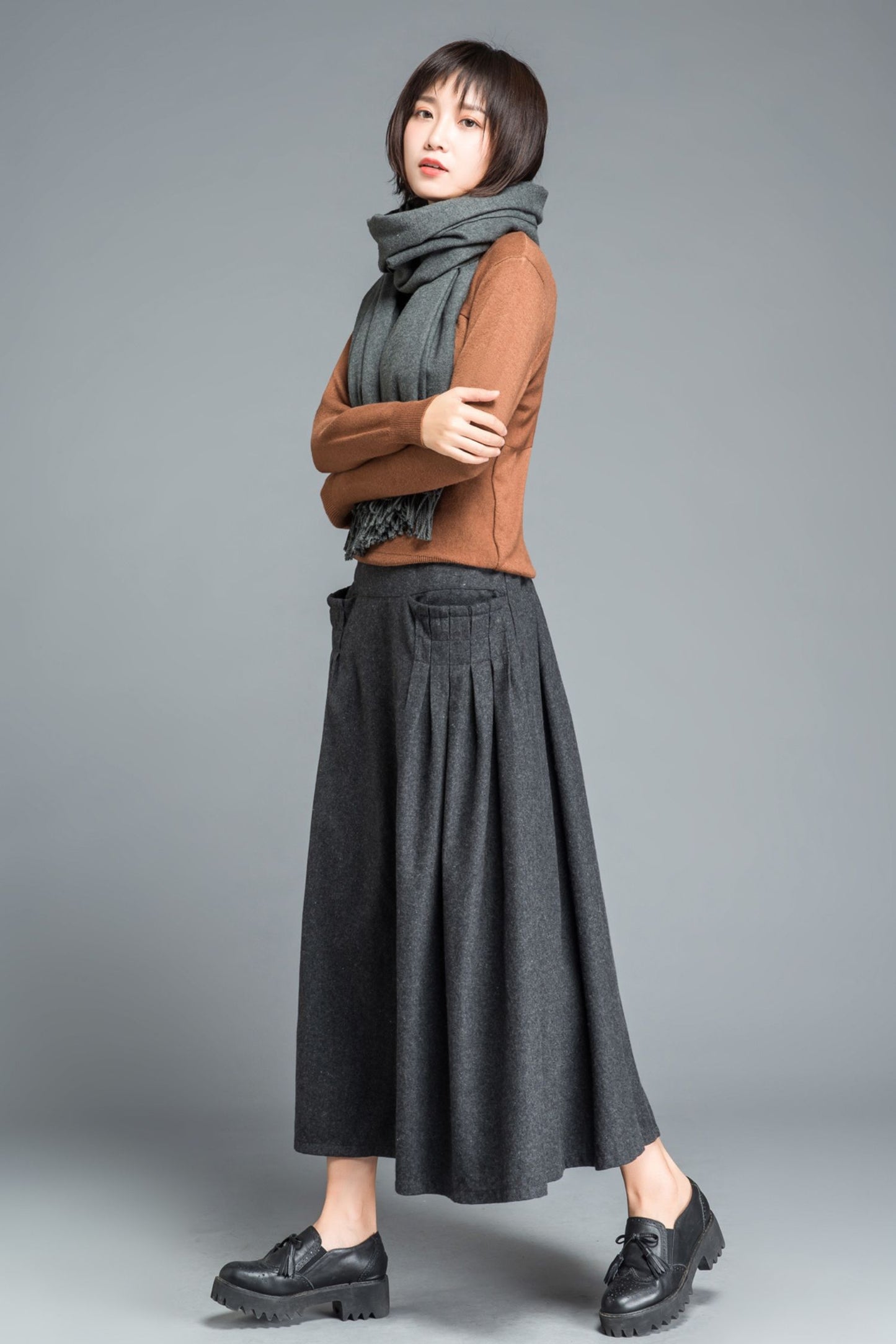 Winter gray wool maxi skirt C1204