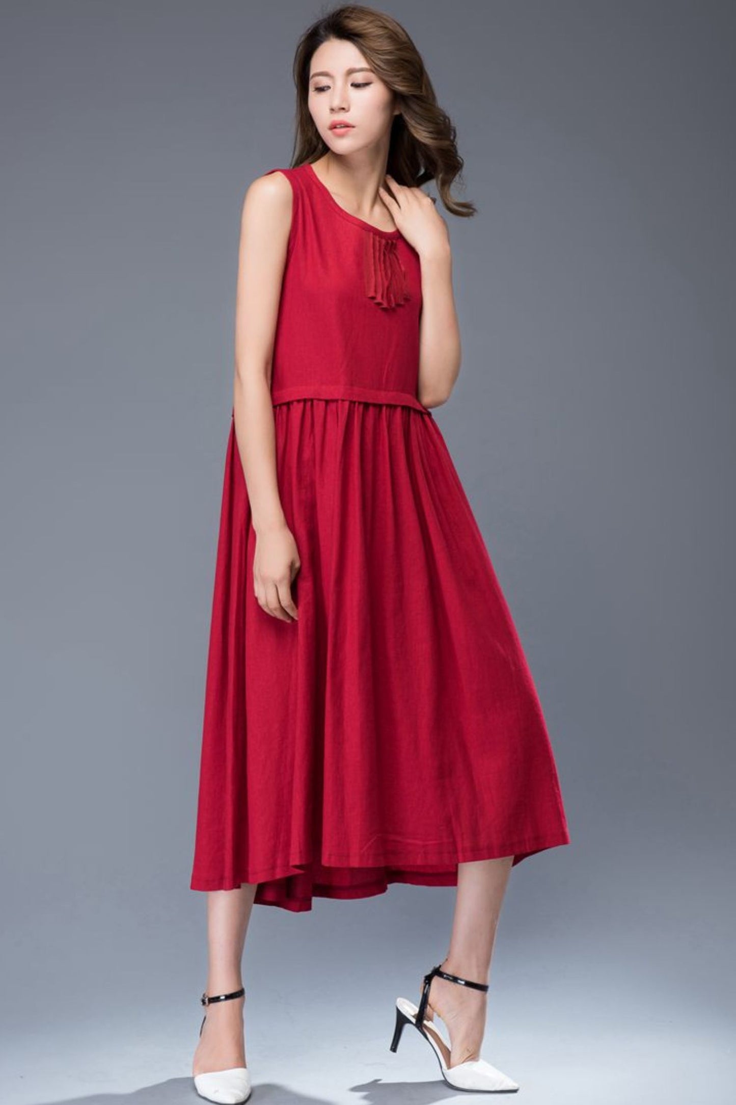 Red linen midi sleeveless loose summer dress C944