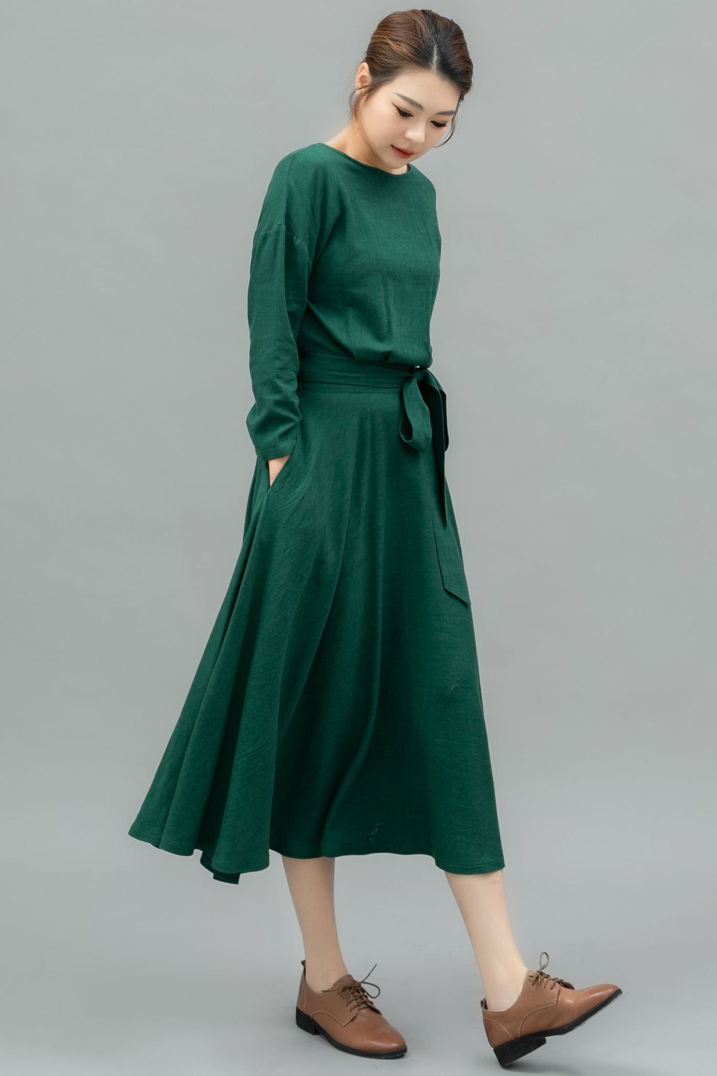 Elegant Green Linen Midi Dress C4740