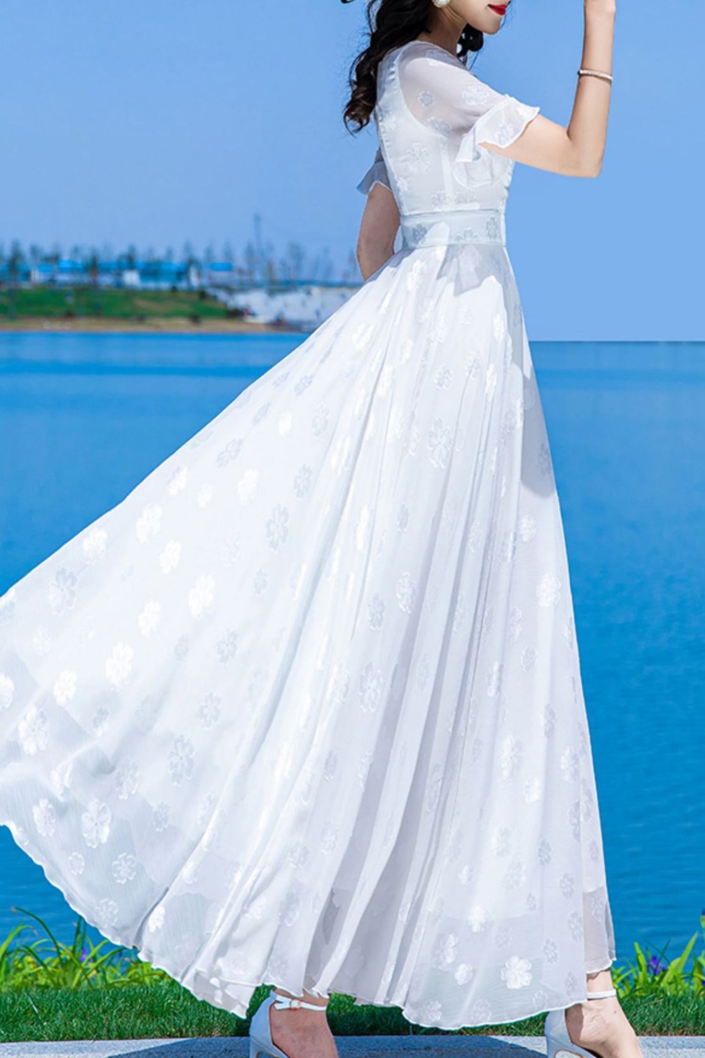 White women long chiffon big swing dress C3996