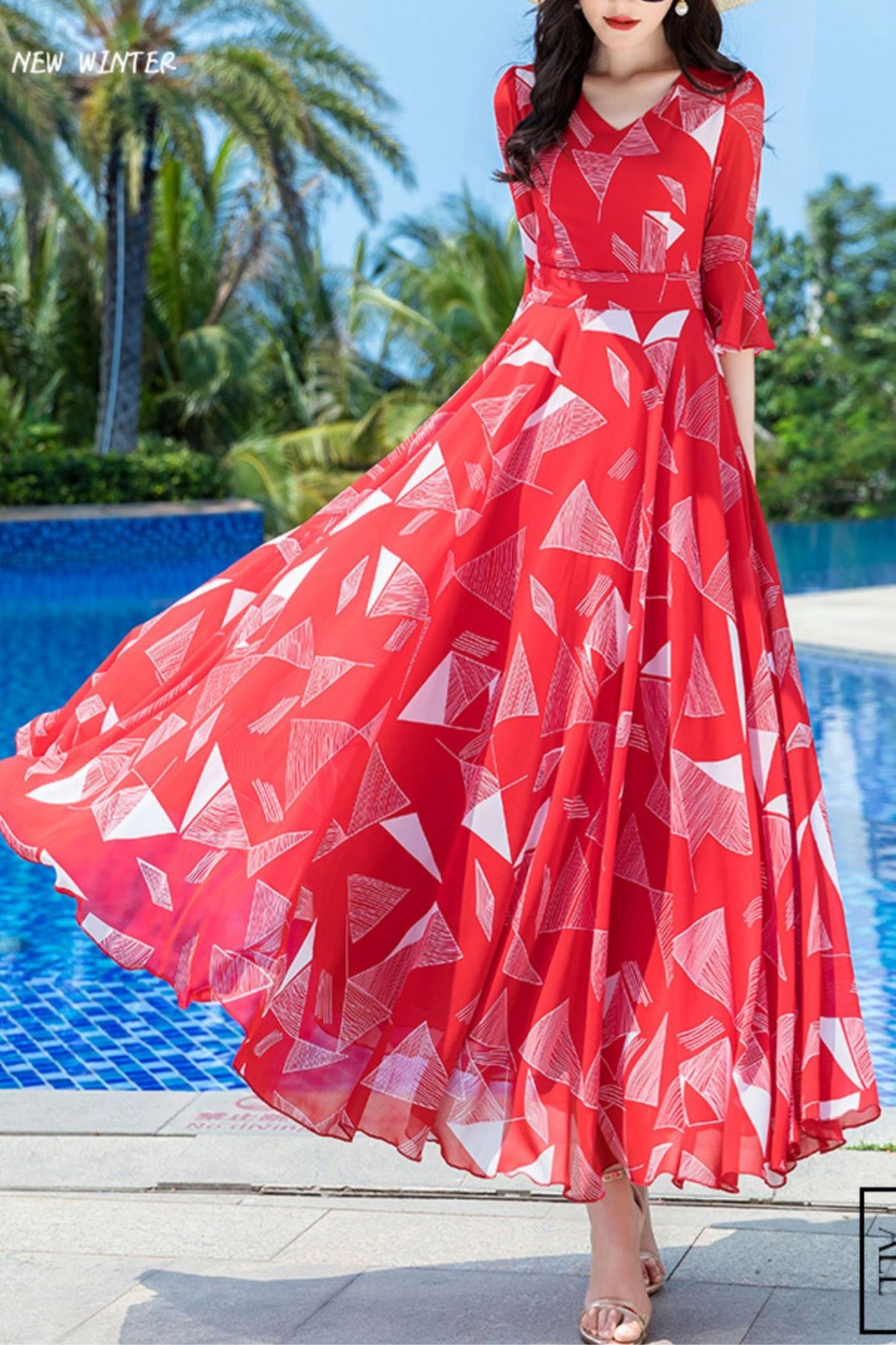 Red summer chiffon dress C4040