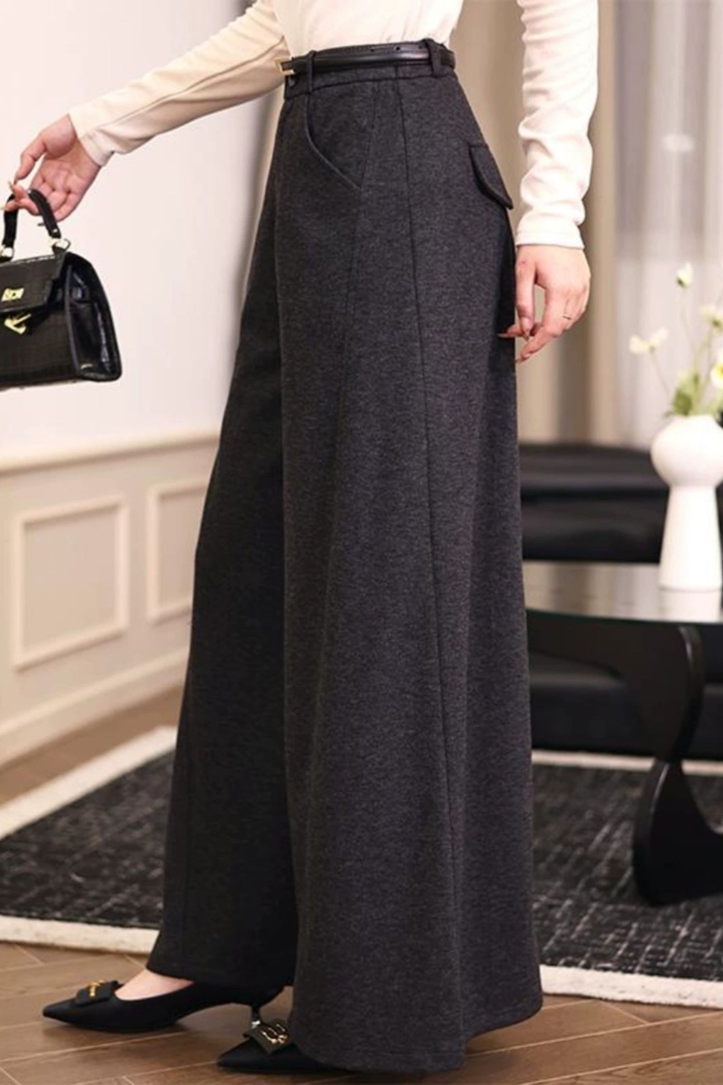Gray wide leg long wool pants c5091