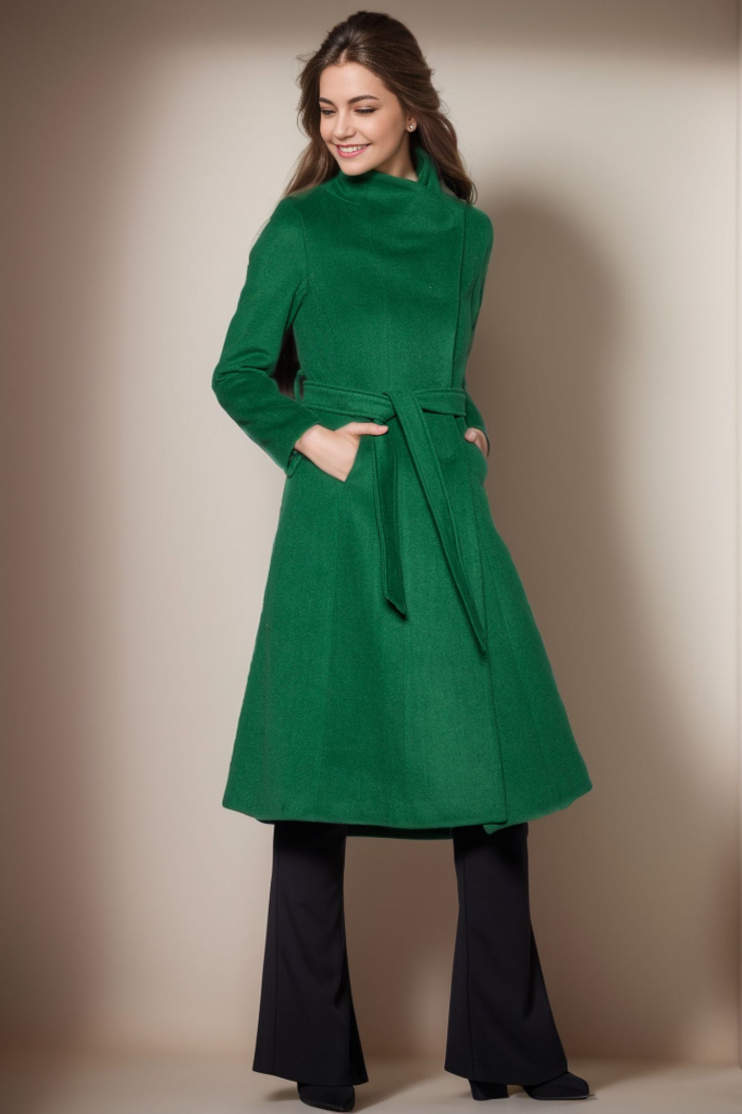 Green winter wool coat women C4144