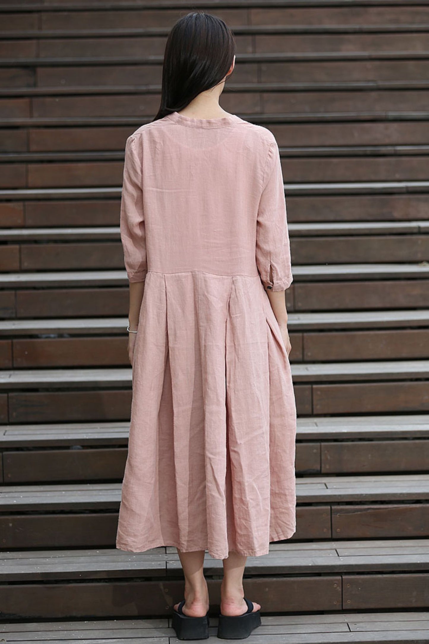 Casual Linen Loose-Fitting Pleated Shirt Dress C276