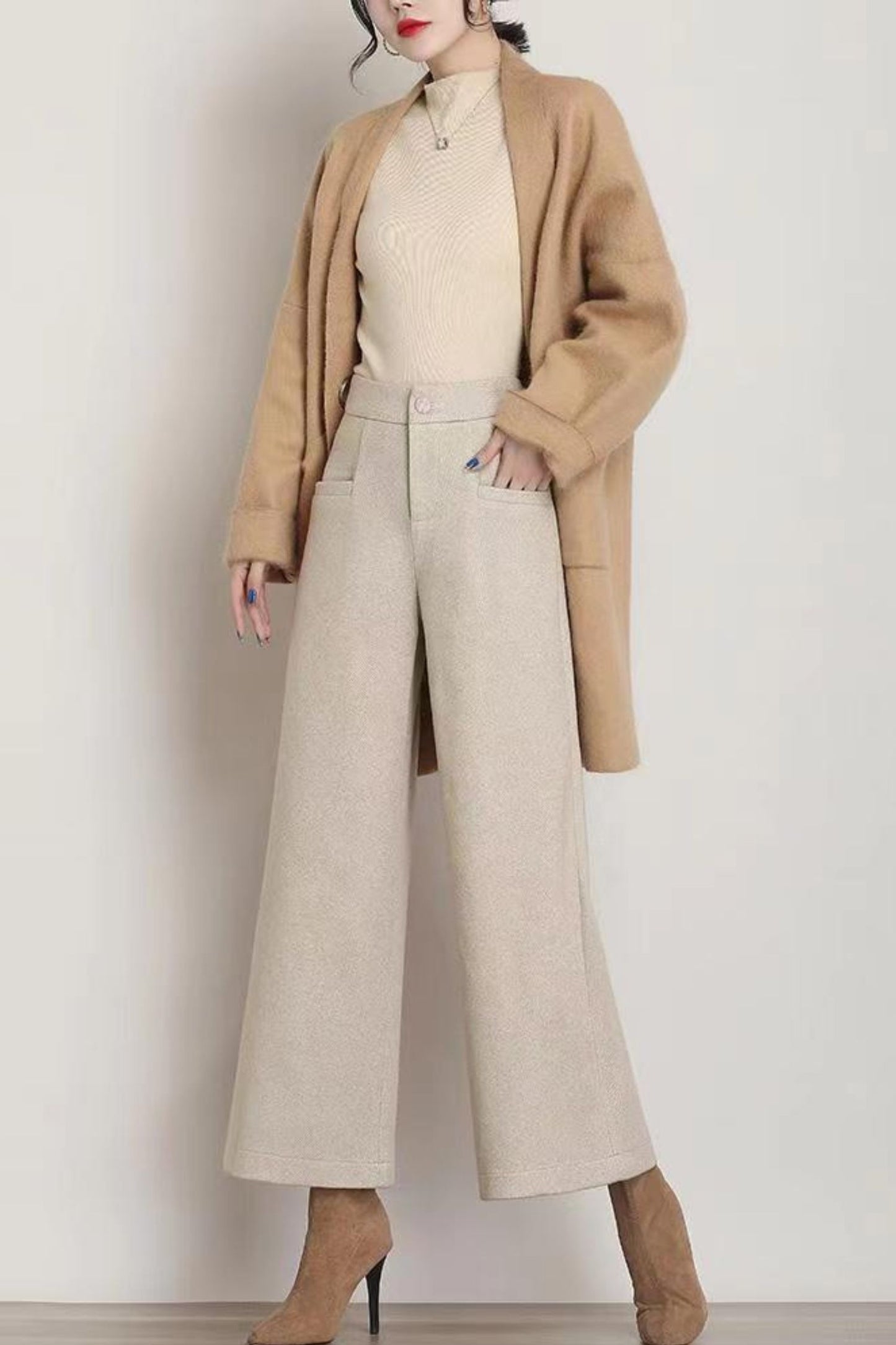 Wide leg womens wool pants with pockets c5078