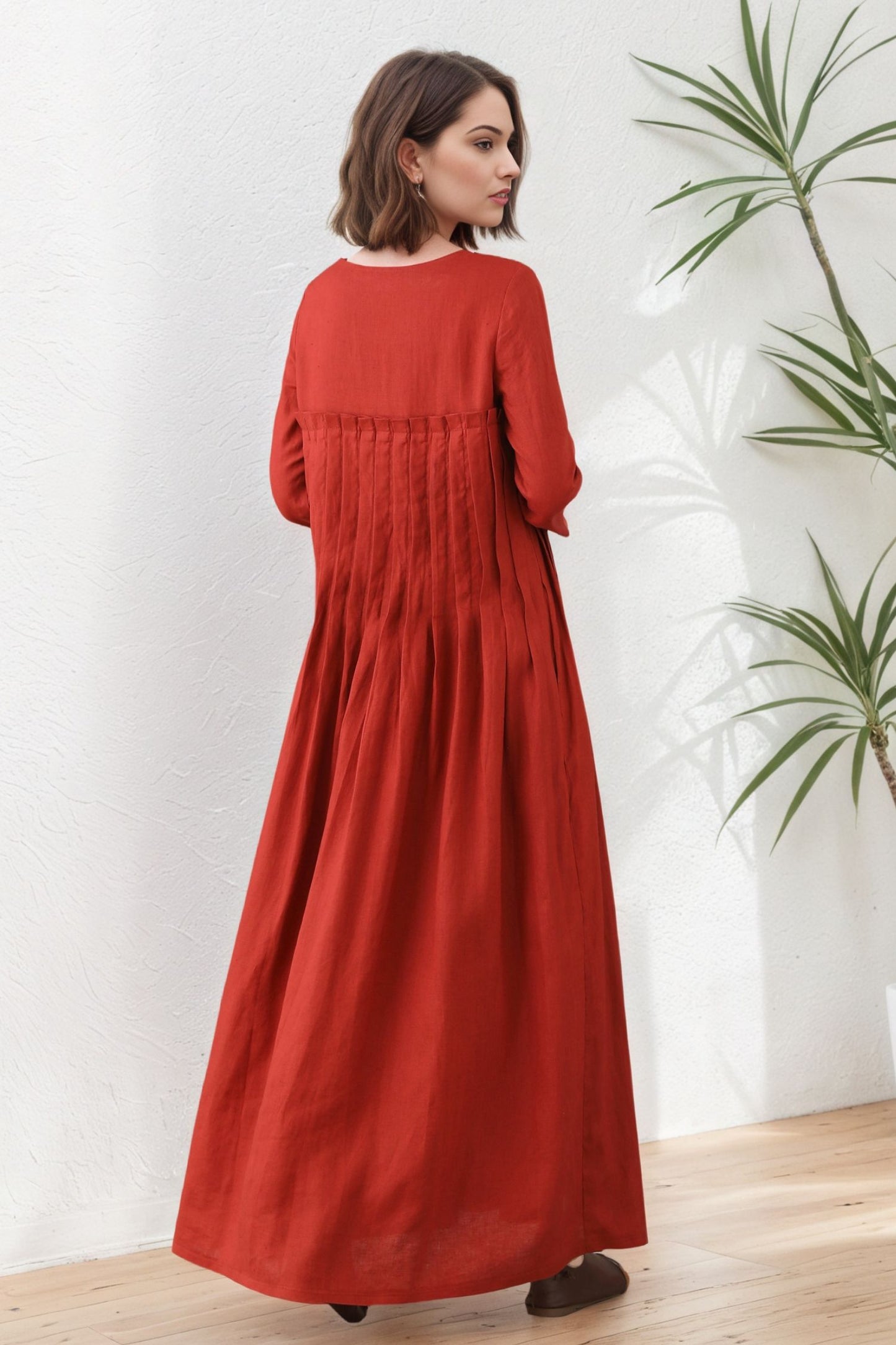 Women Brick Red Pleated Organic Linen dress C5419