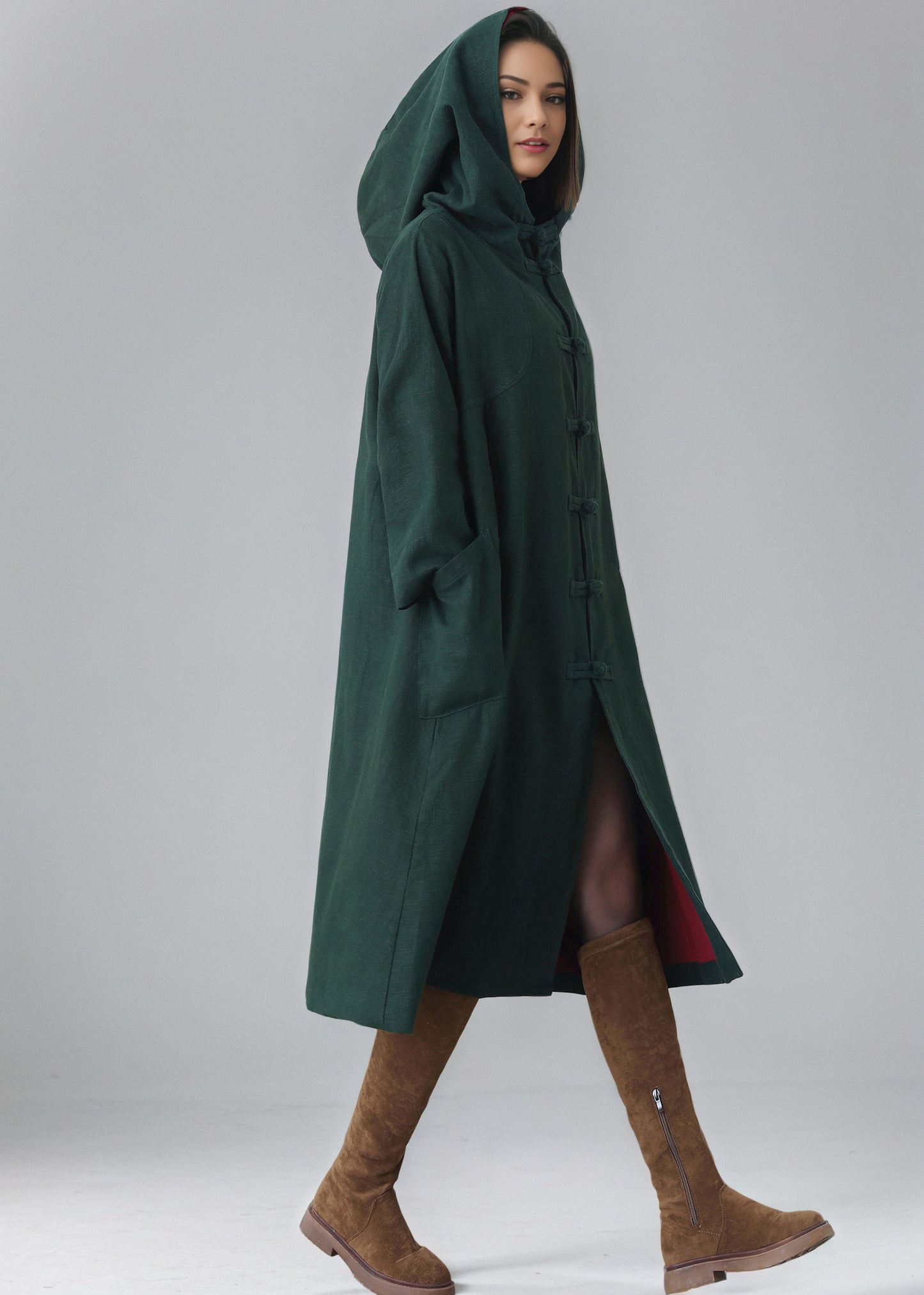 Women's Oversized Hooded Linen Jacket, Green Linen Cape Coat C5148
