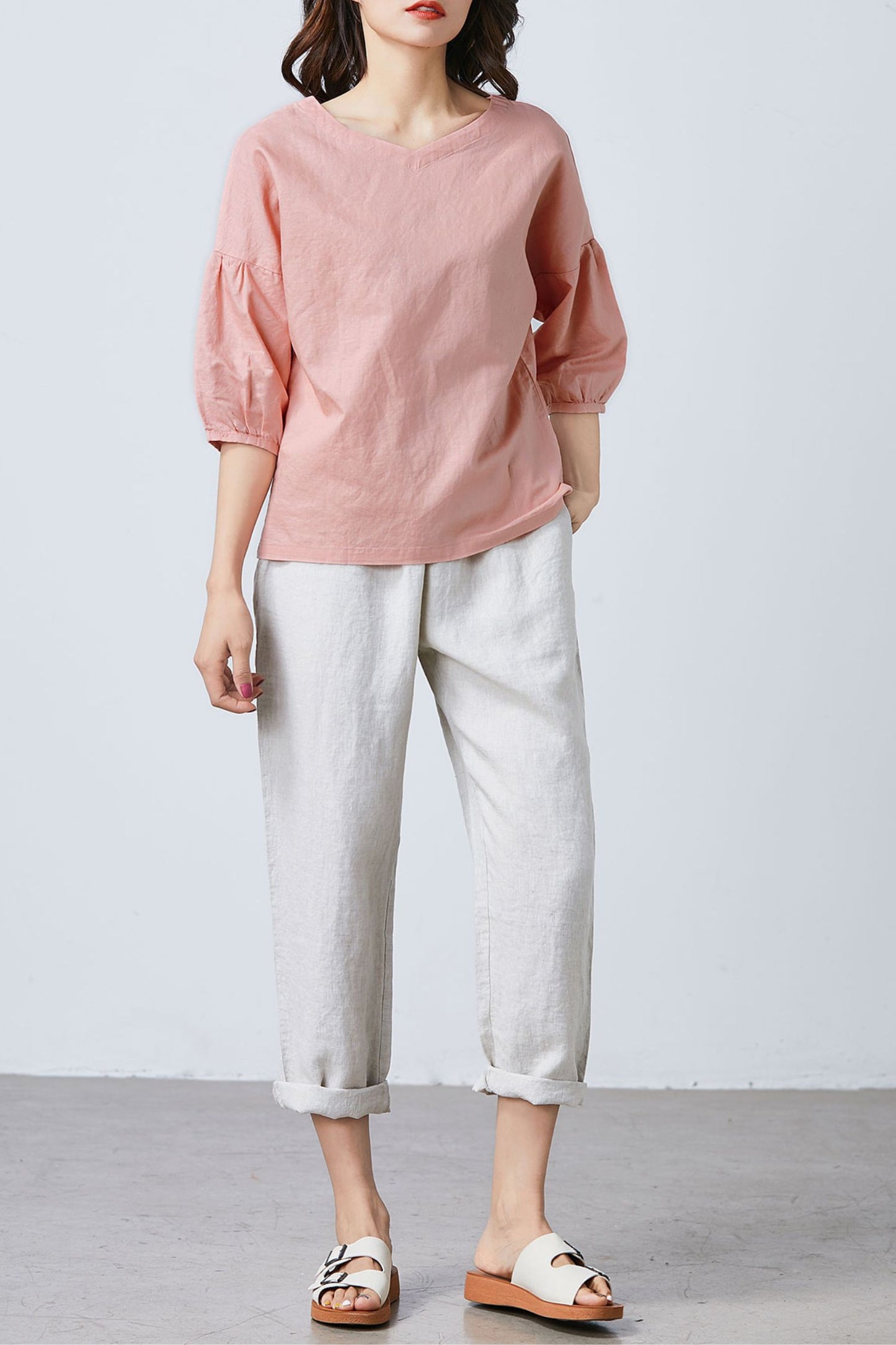 Women Leisure Linen Tops Summer V Neck Blouse C1682