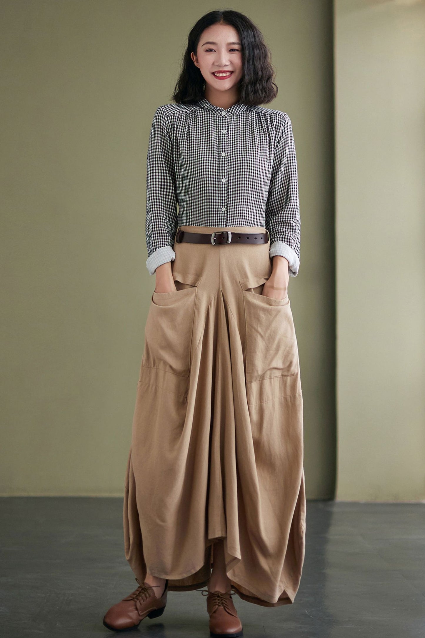 Khaki Asymmetric Linen skirt C2423