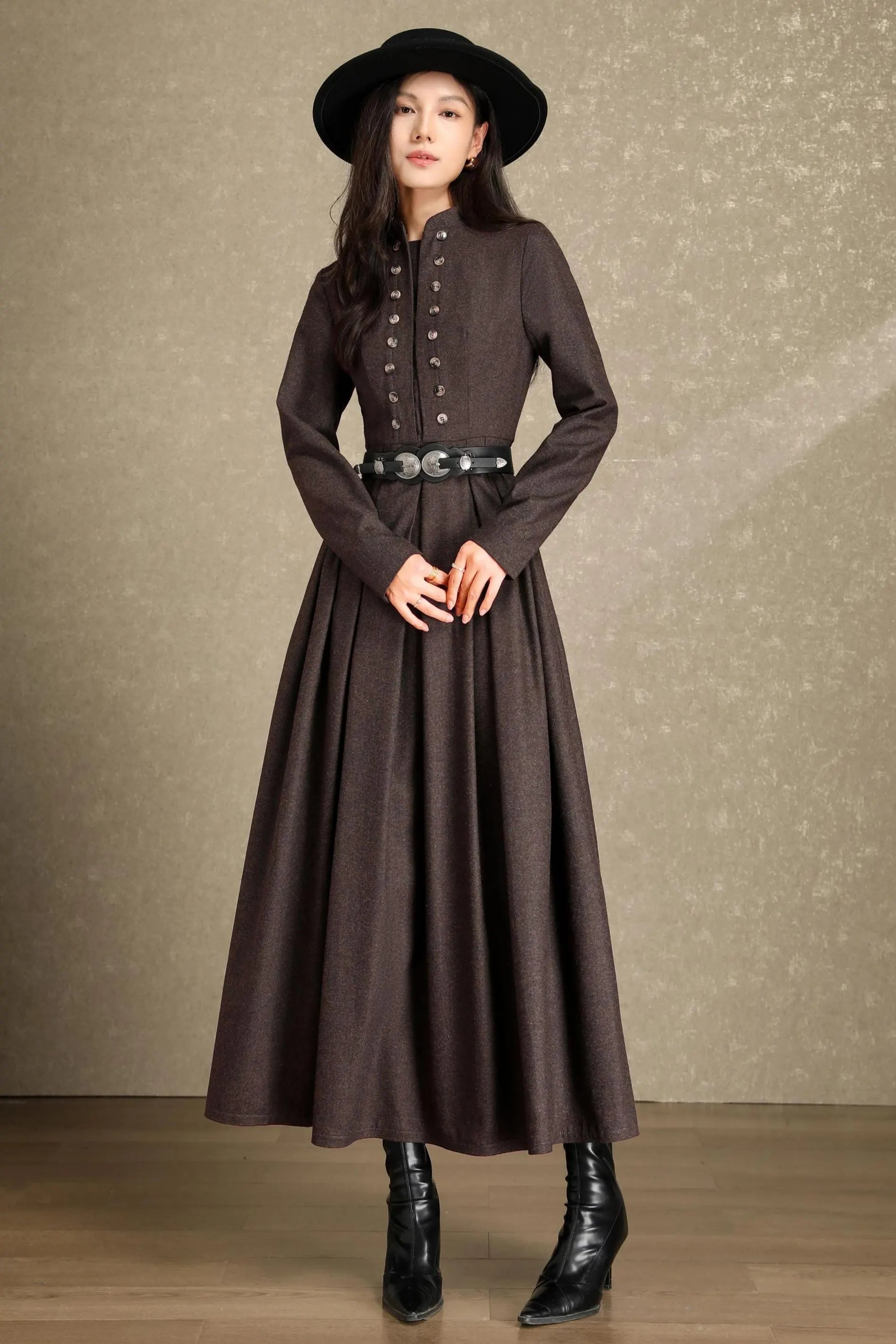 brown herringbone dress Wool Maxi with Vintage Button Front and Pattern C5230 Coffee / M The structured square neckline