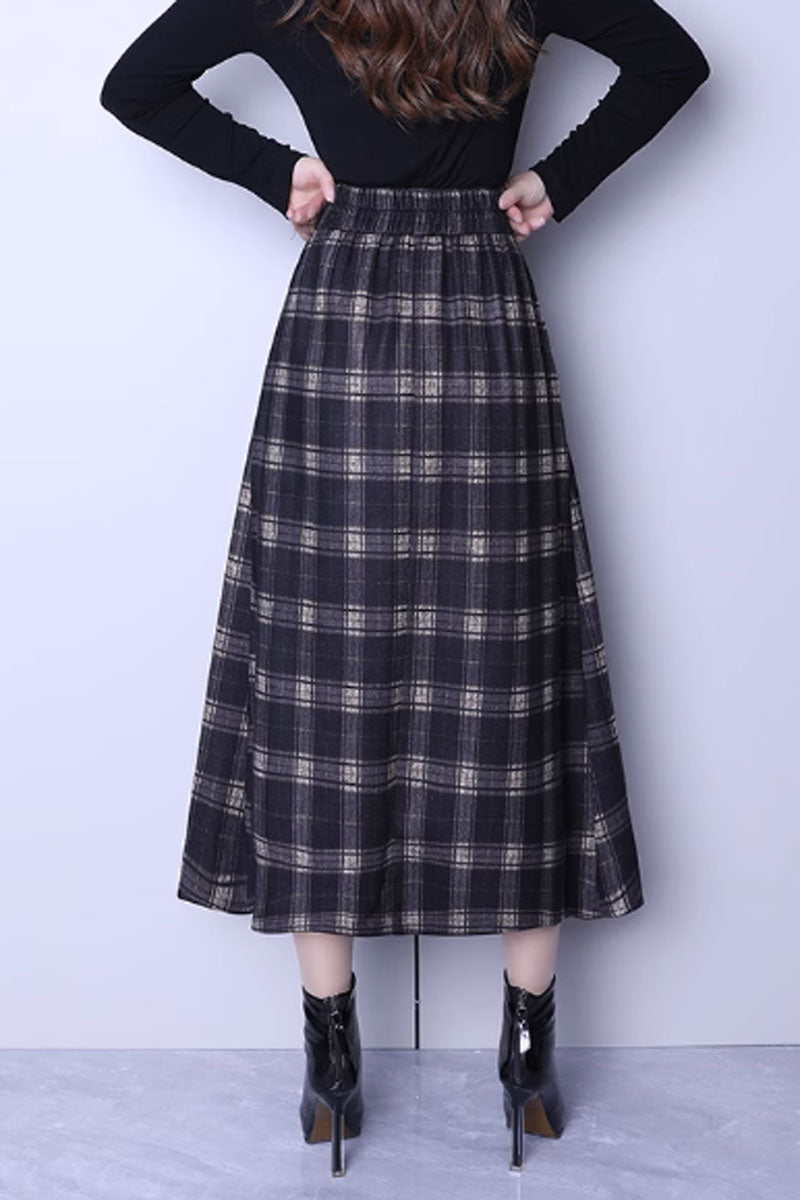 pleated winter long plaid wool skirt C3749