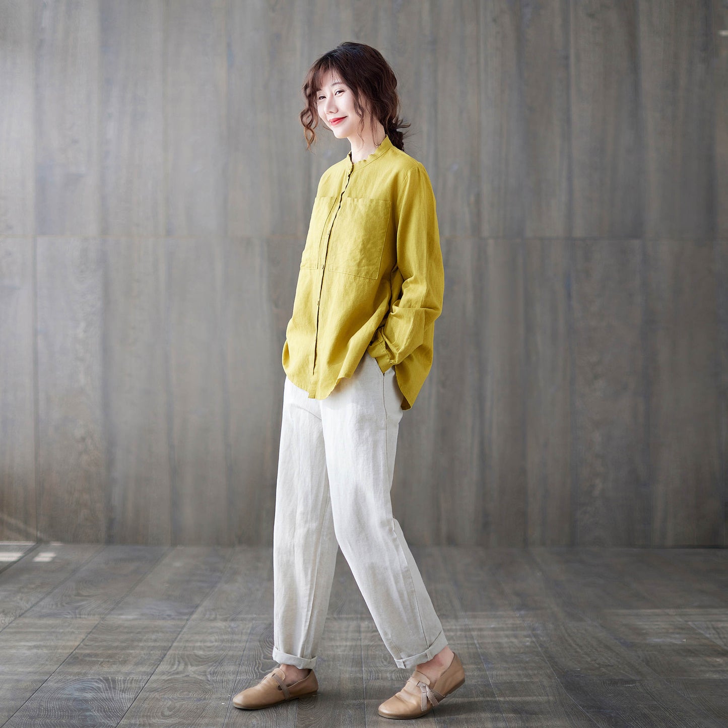 Yellow Linen spring autumn Linen shirt c1879