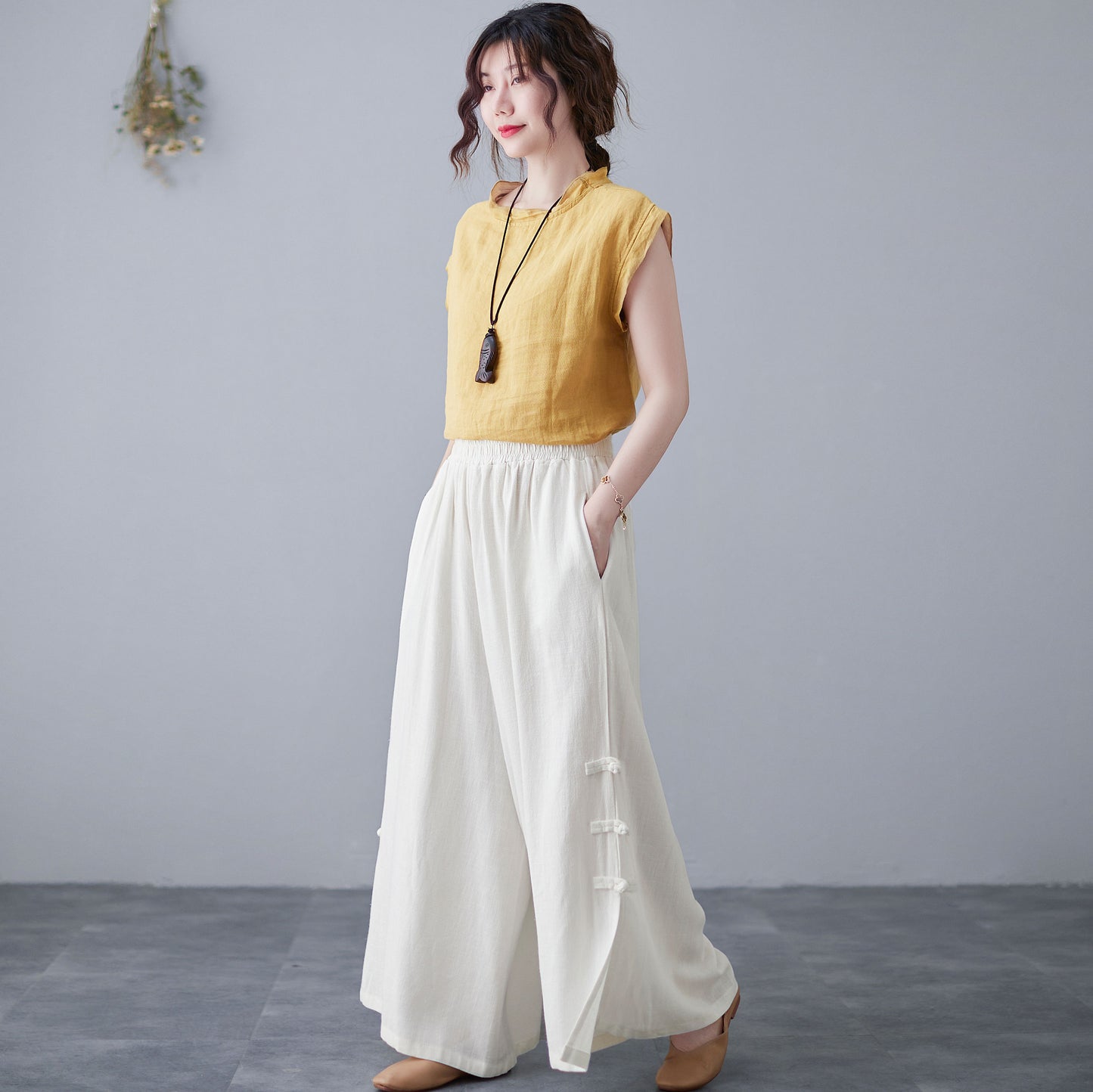 Vintage Inspired Wide Leg Linen Pants C2123