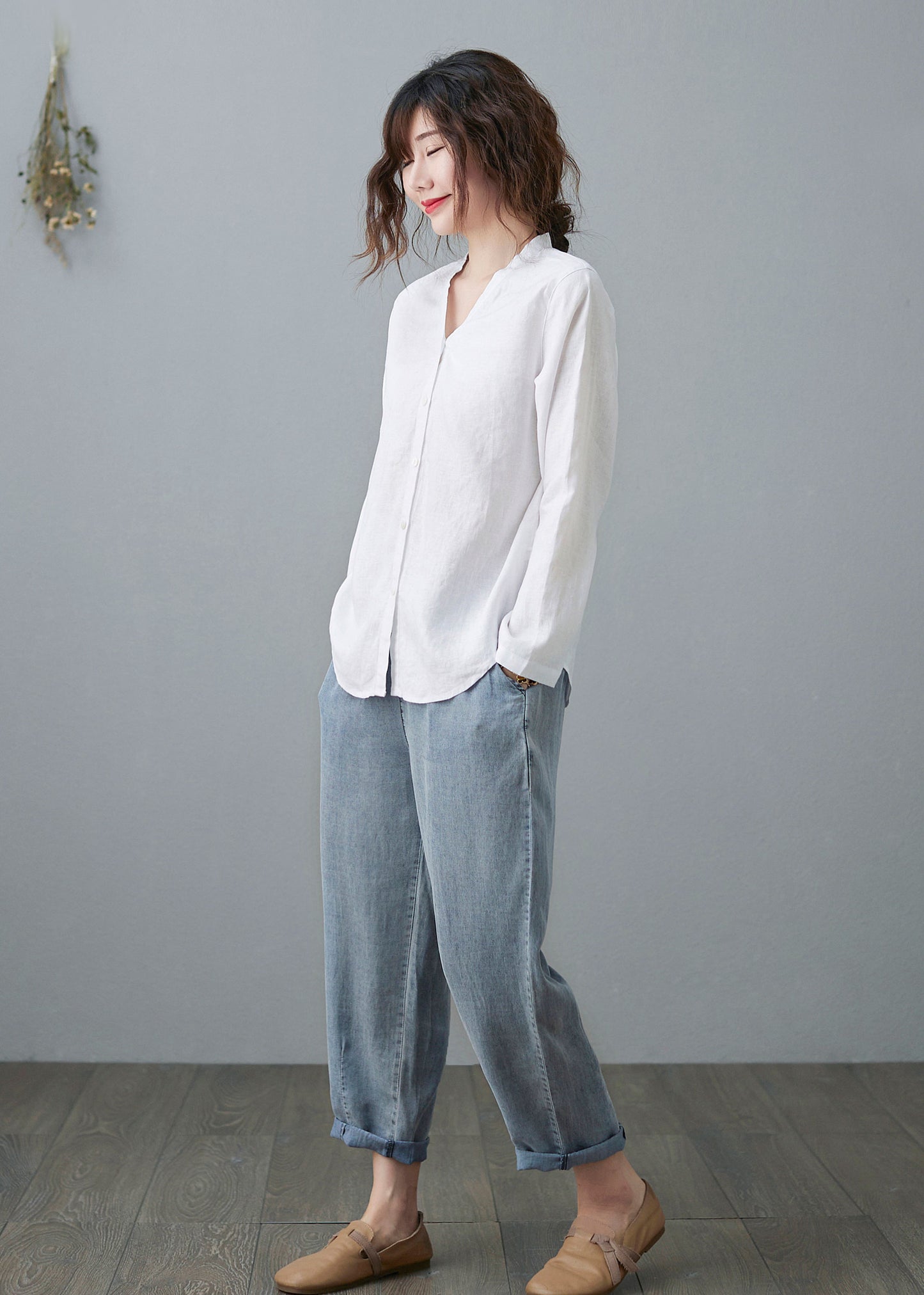 White Linen Shirts, V neck Blouse C2107