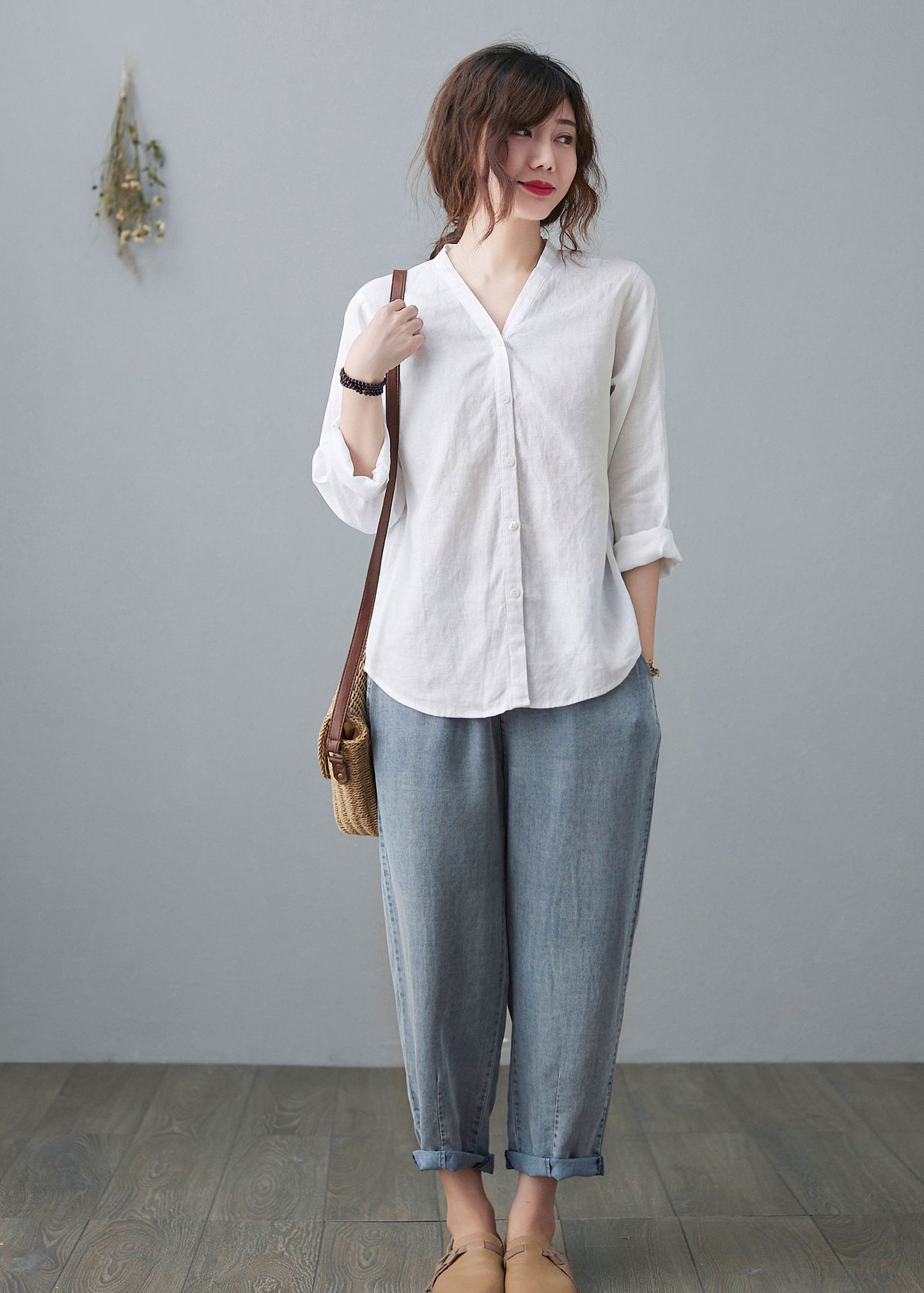 White Linen Shirts, V neck Blouse C2107