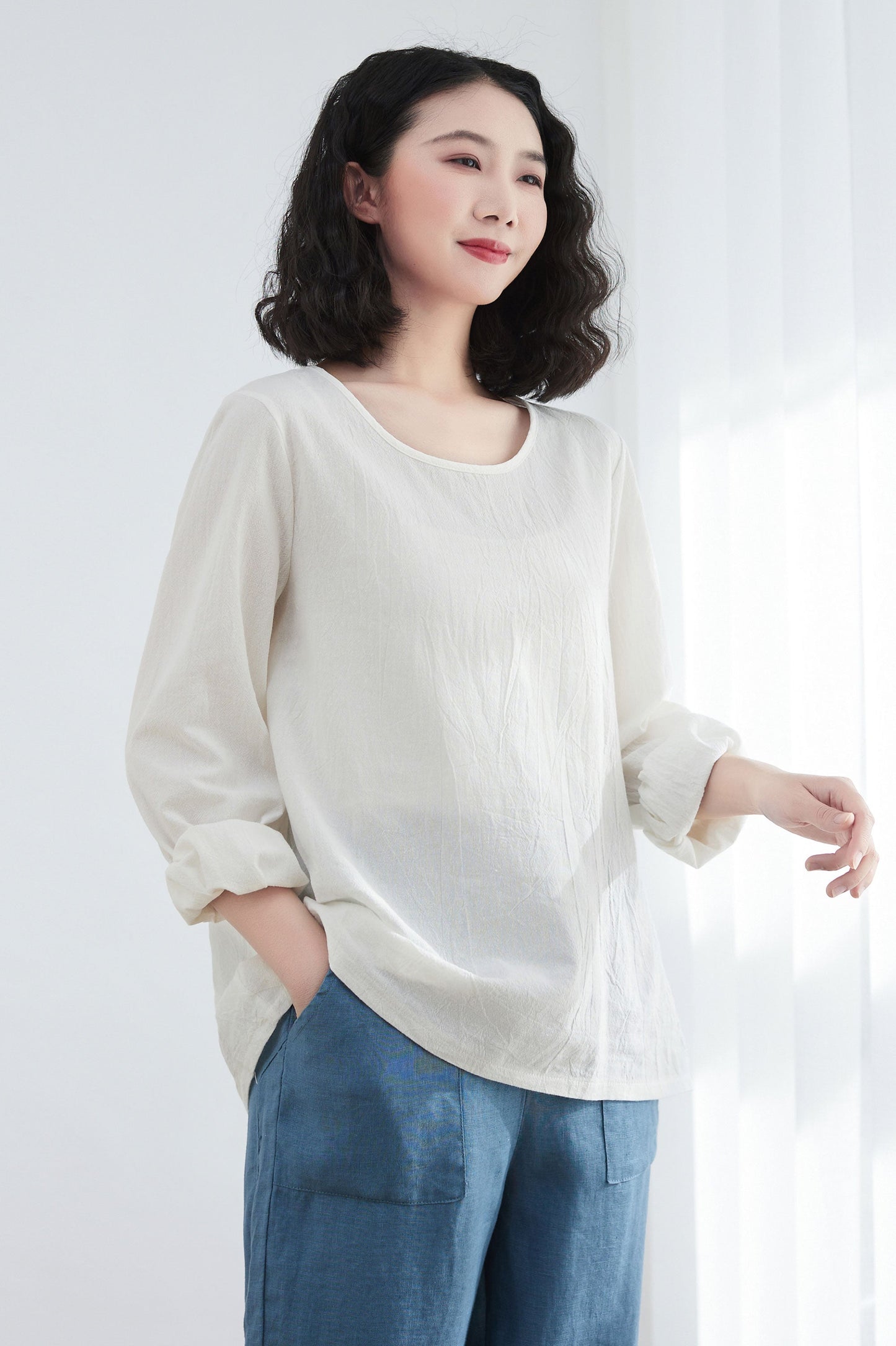 Oversize Casual Linen Blouses in White C2675- Size L #CK2200057