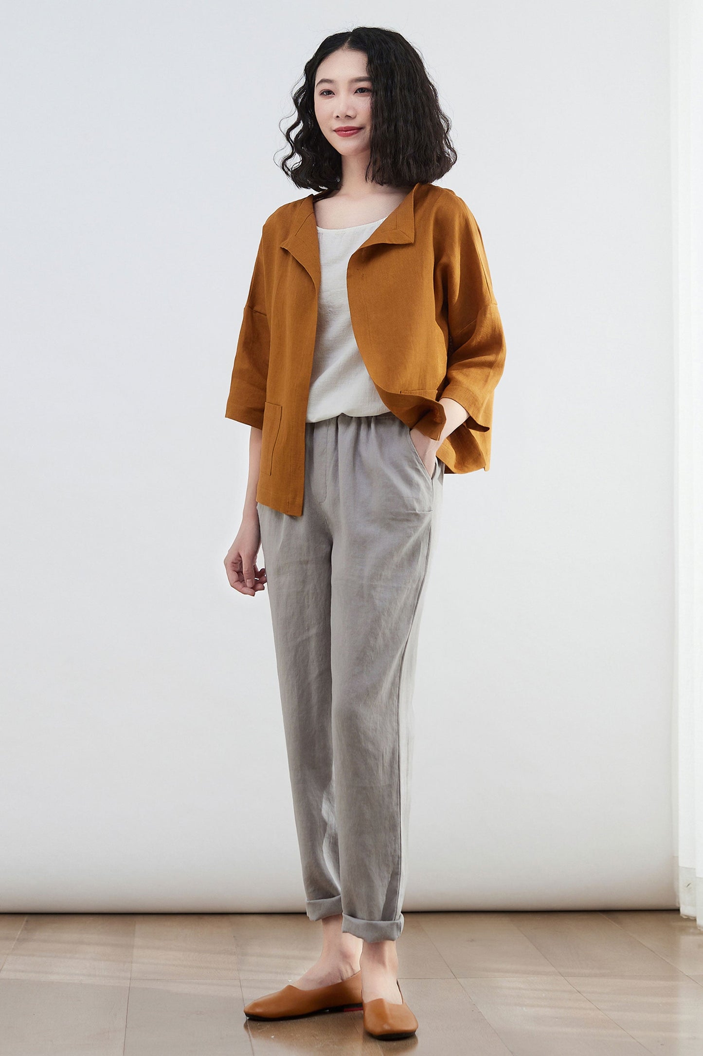 womens loose fit linen Cardigan tops C2684,Size S #CK2200064