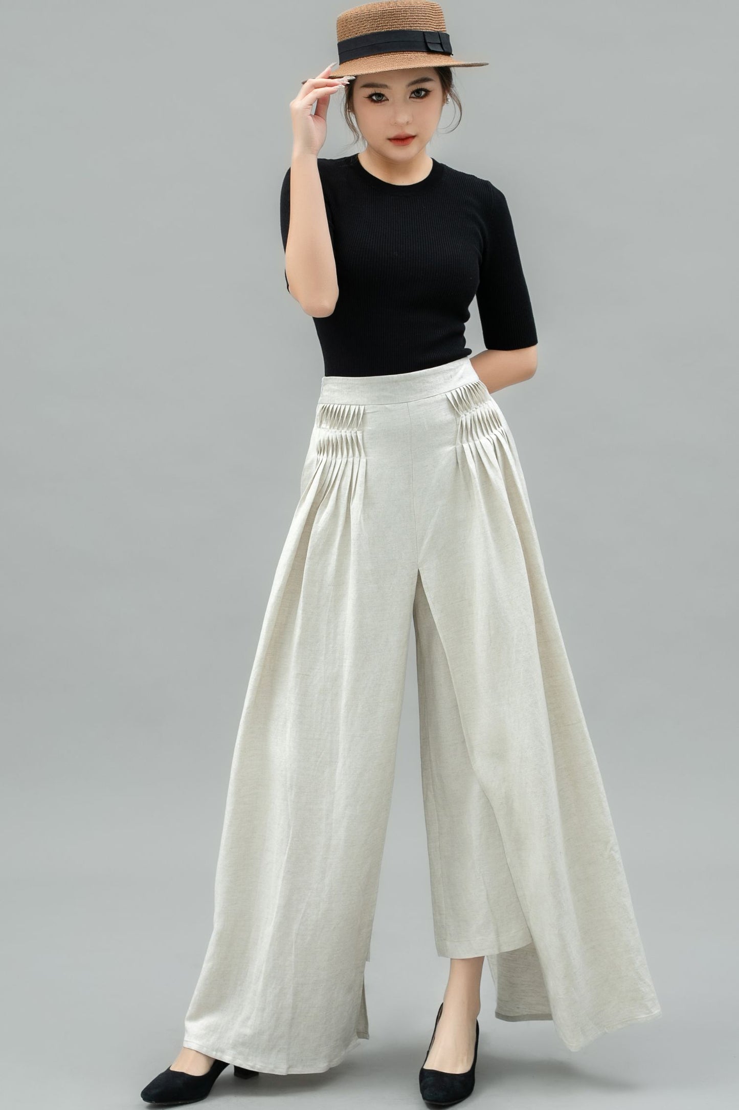 White Wide Leg Linen Palazzo Pant C4743