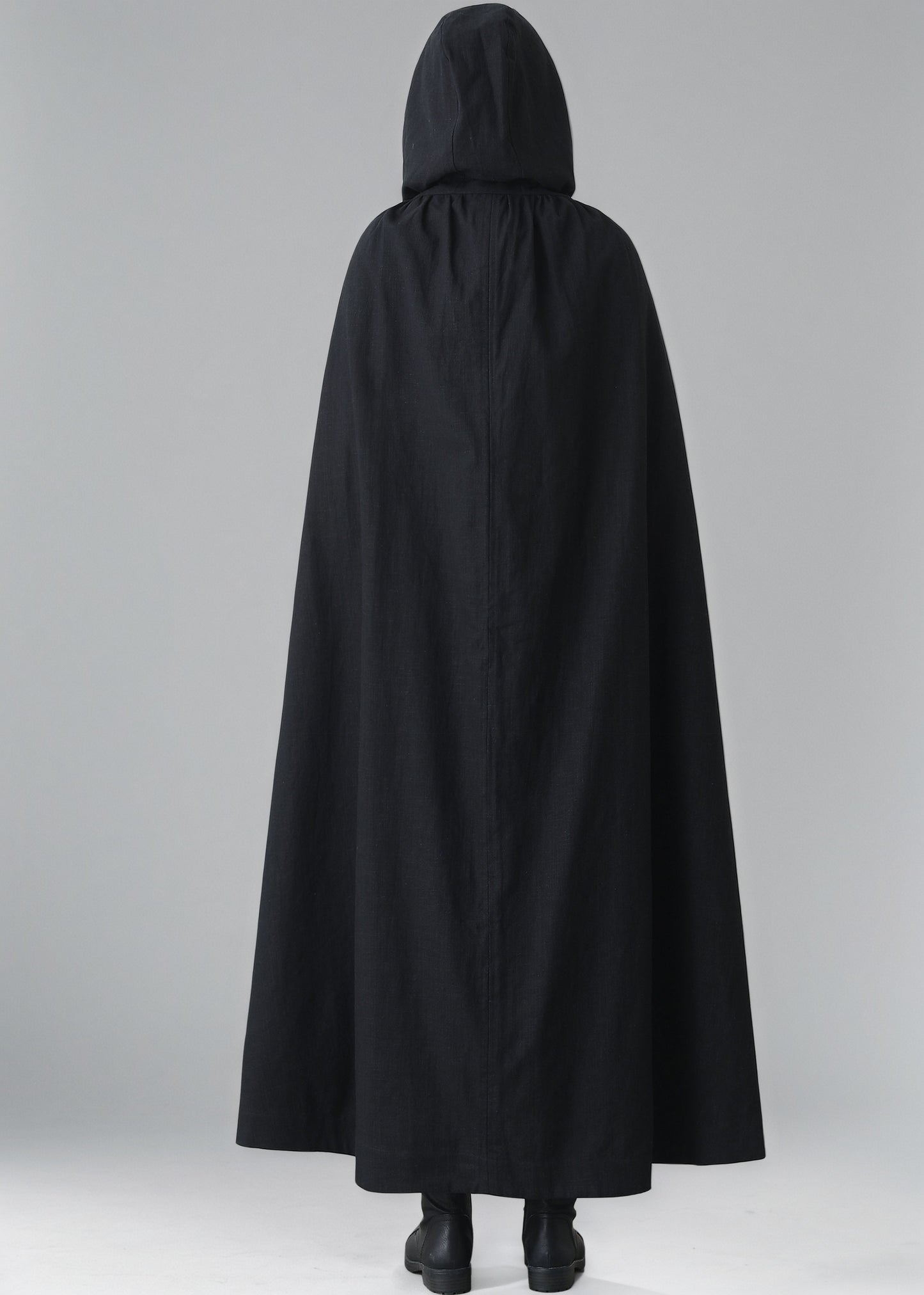 Black Medieval Hooded Linen Cape Cloak C5149