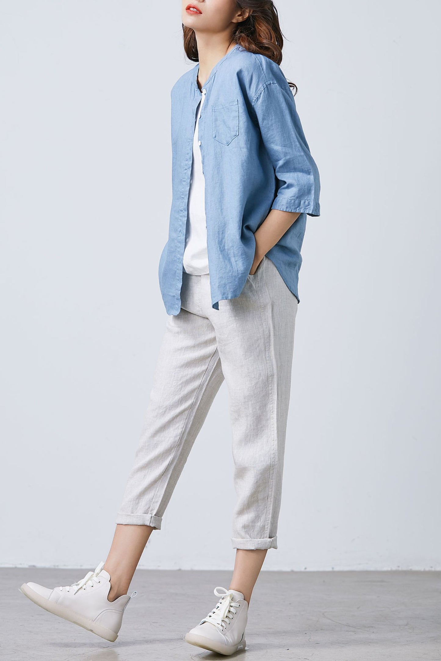 Blue Linen Button Up Shirt C1671