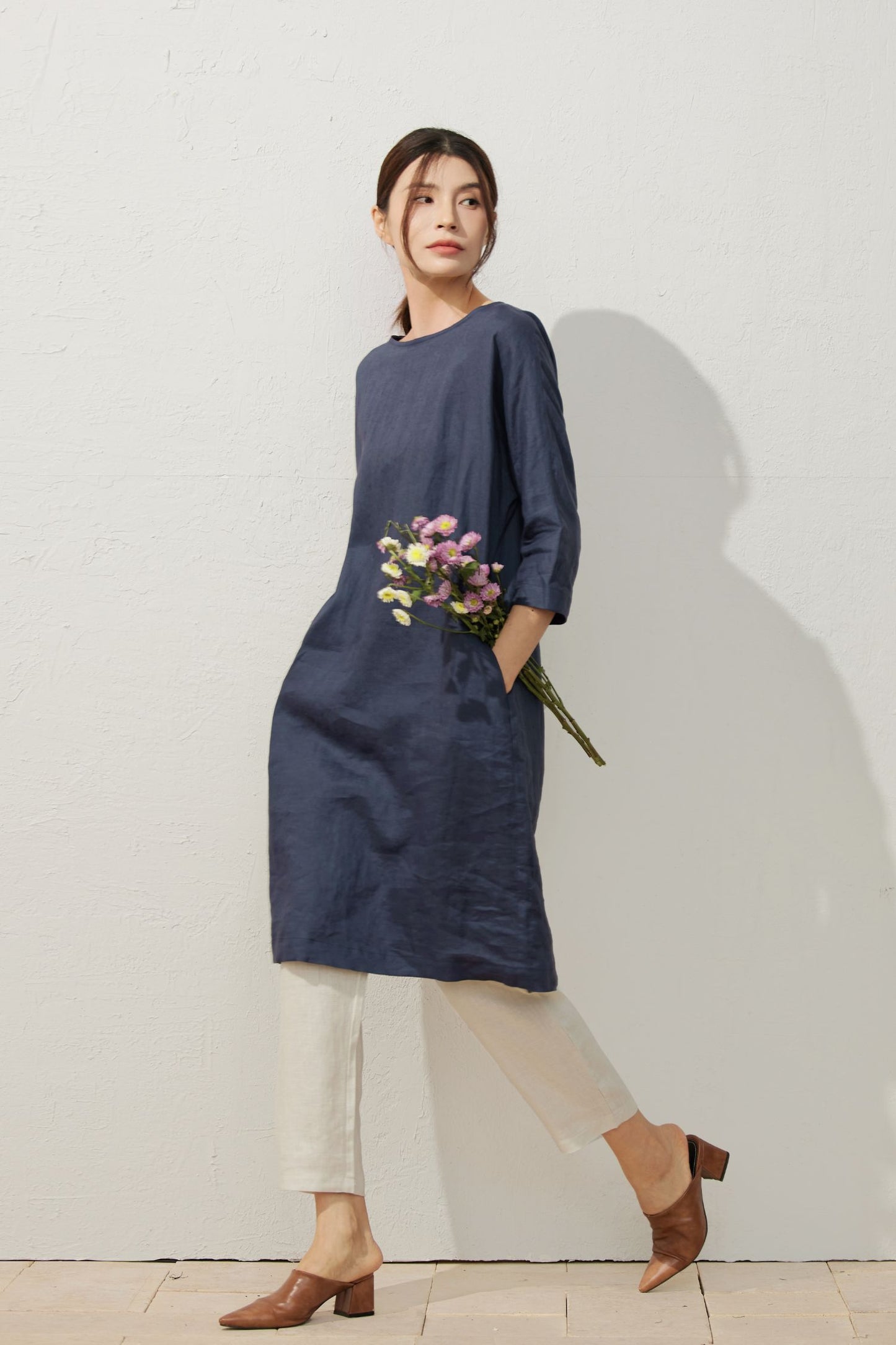 Elegant Navy Blue Linen Dress C3927