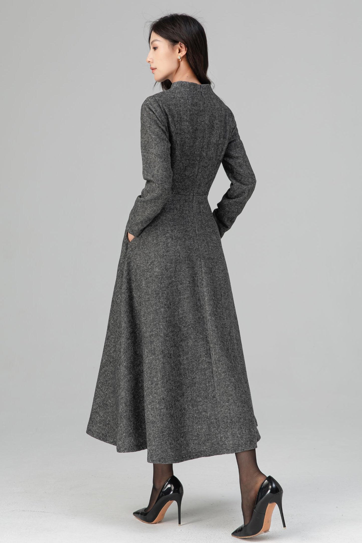 Warm Grey Long Sleeves Wool Maxi Dress C5204