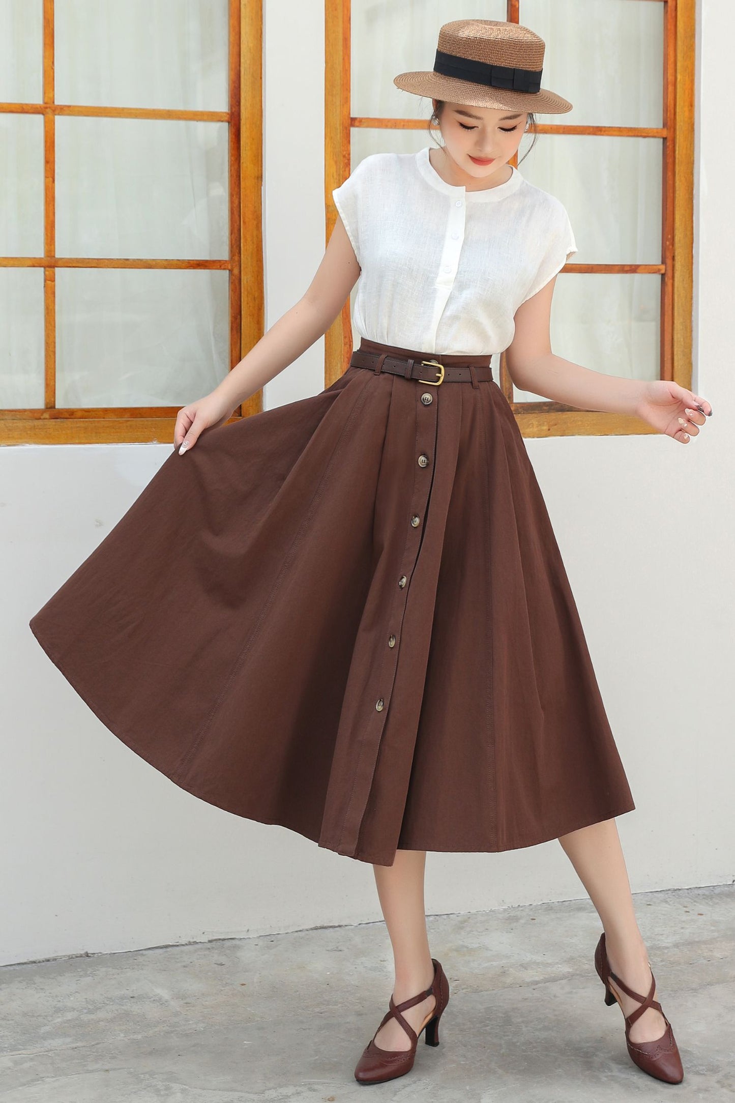Button down midi Linen skirt c4834