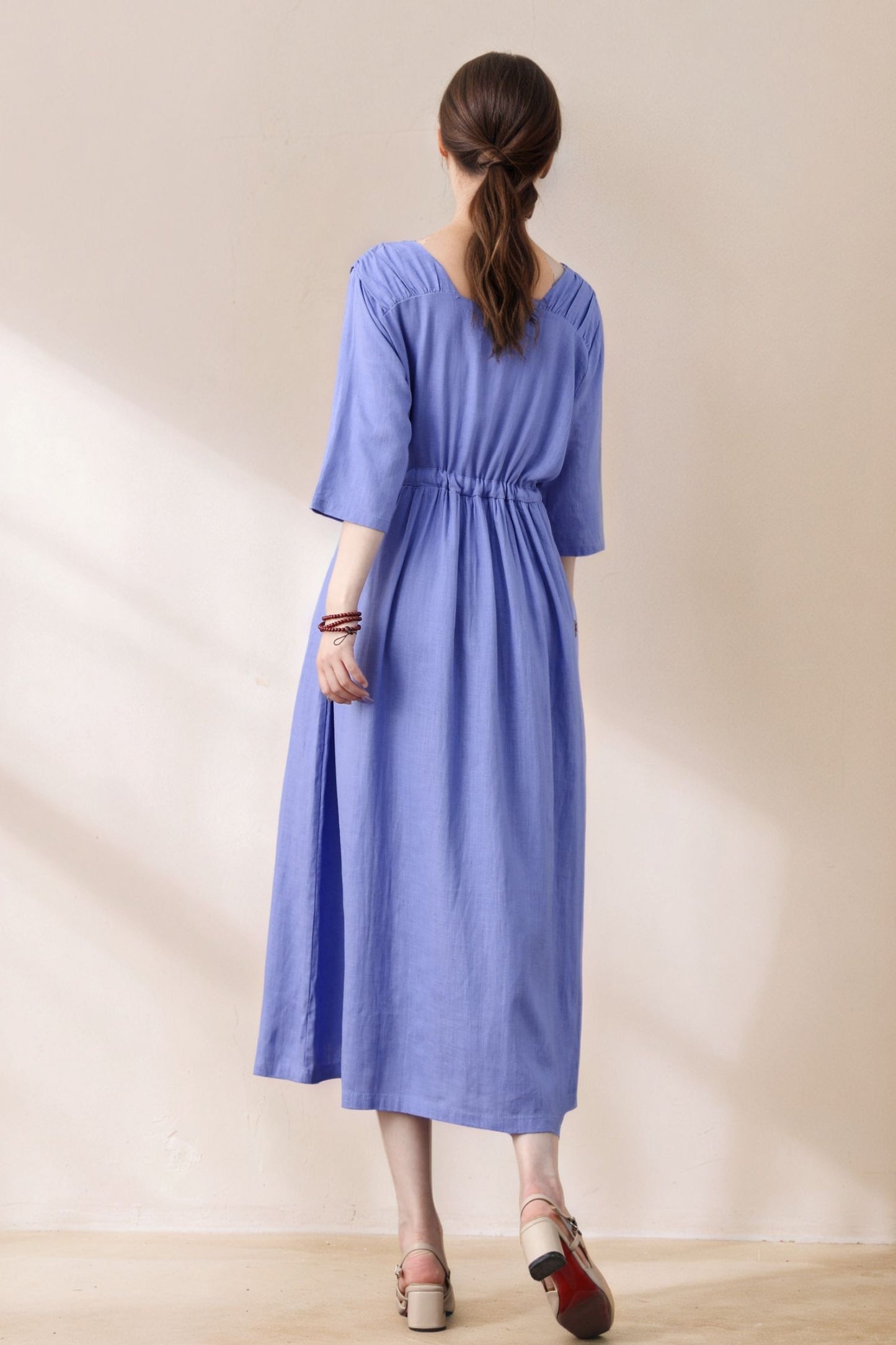 Purple 3/4 Sleeve Pleated Linen Dress With Drawstring C5389