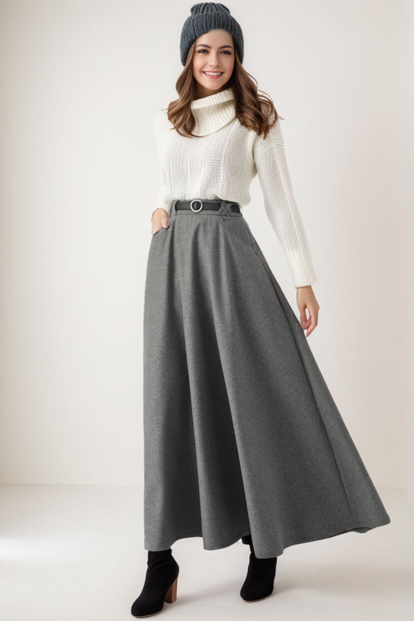 Long Grey Wool Warm Winter Skirt C4264