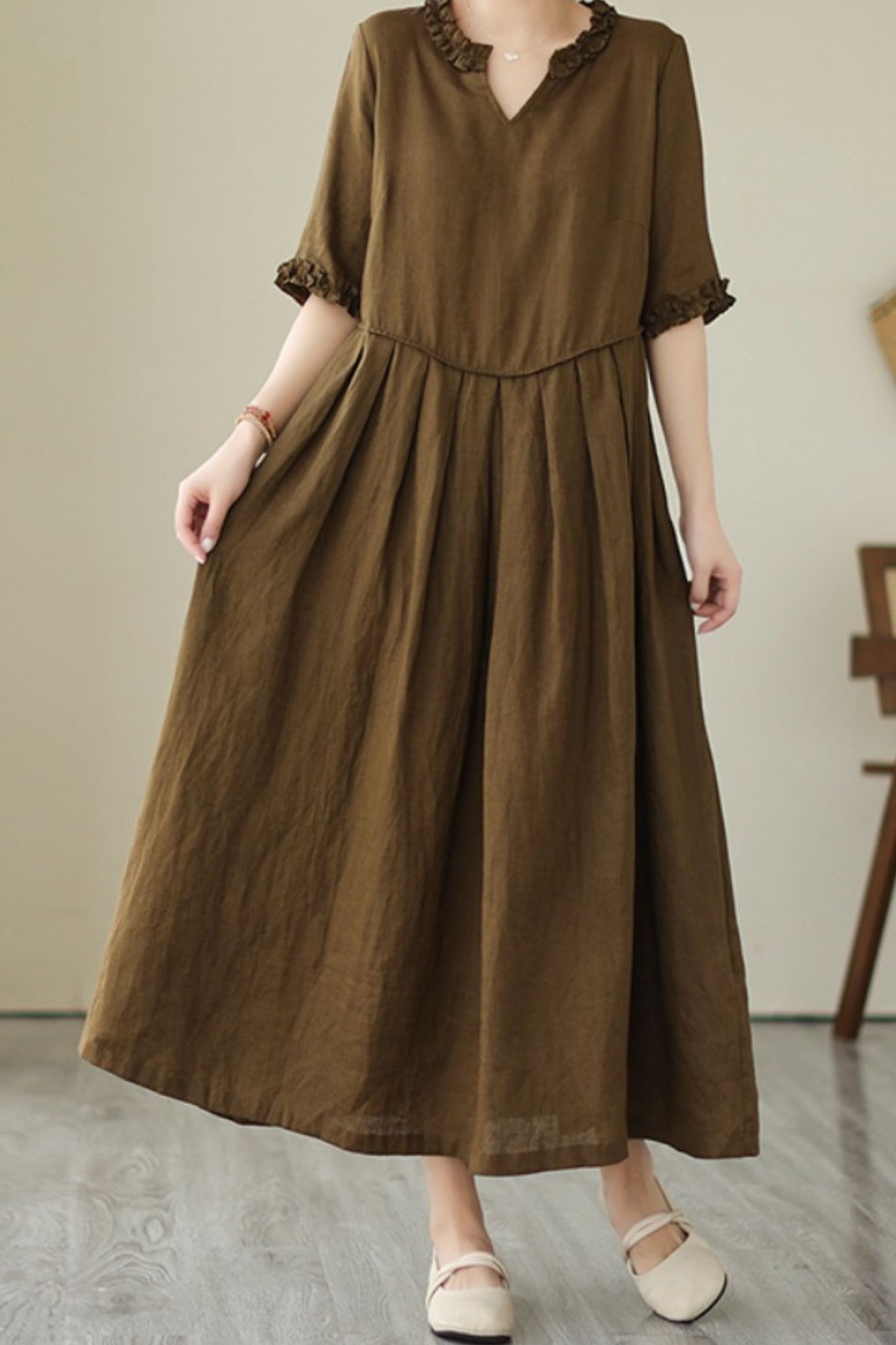 Brown Cotton Linen Dress - Loose Fit with V Neck TT0010
